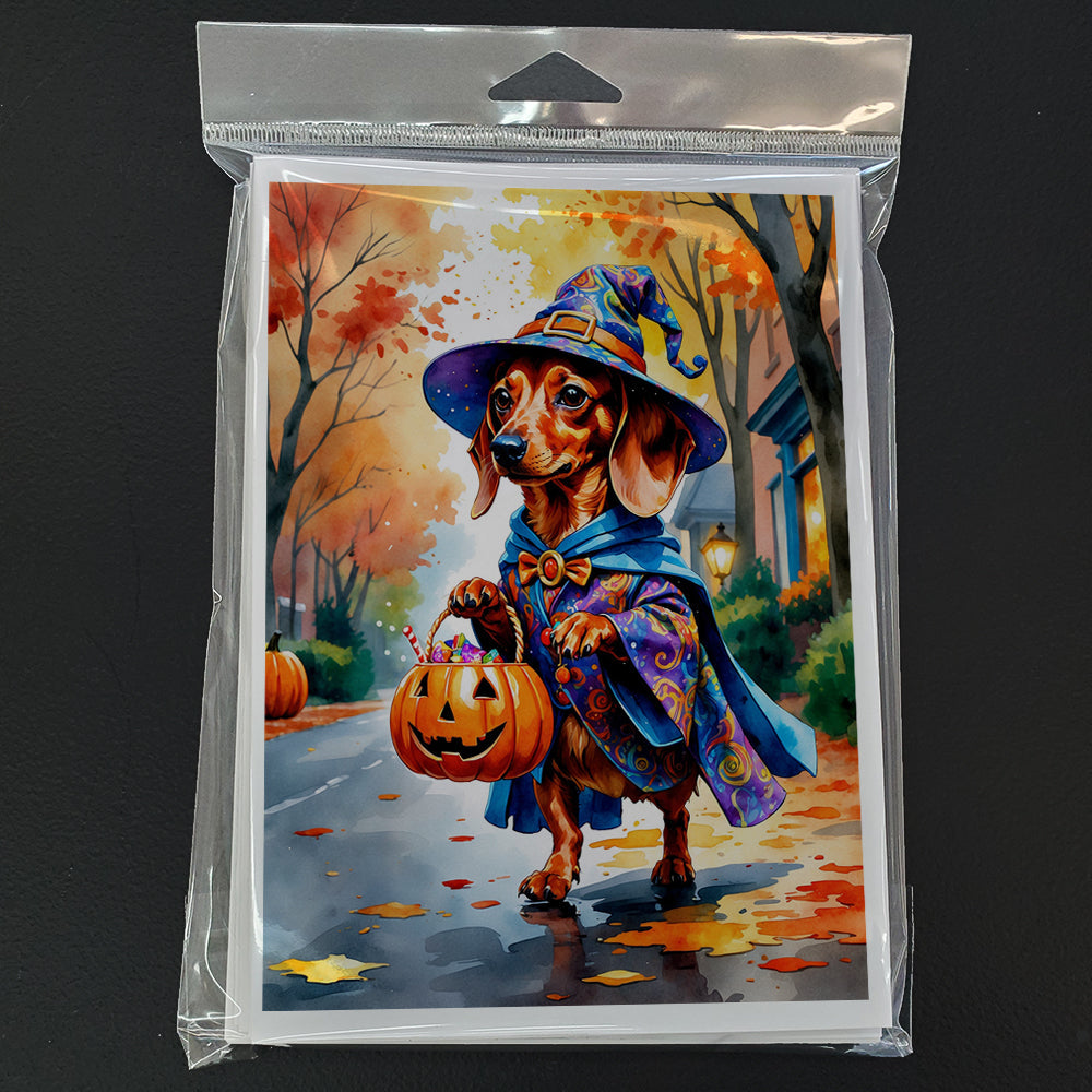 Red Dachshund Halloween Trick or Treat Greeting Cards Pack of 8 Blank Cards with Envelopes Whimsical A7 Size 5x7