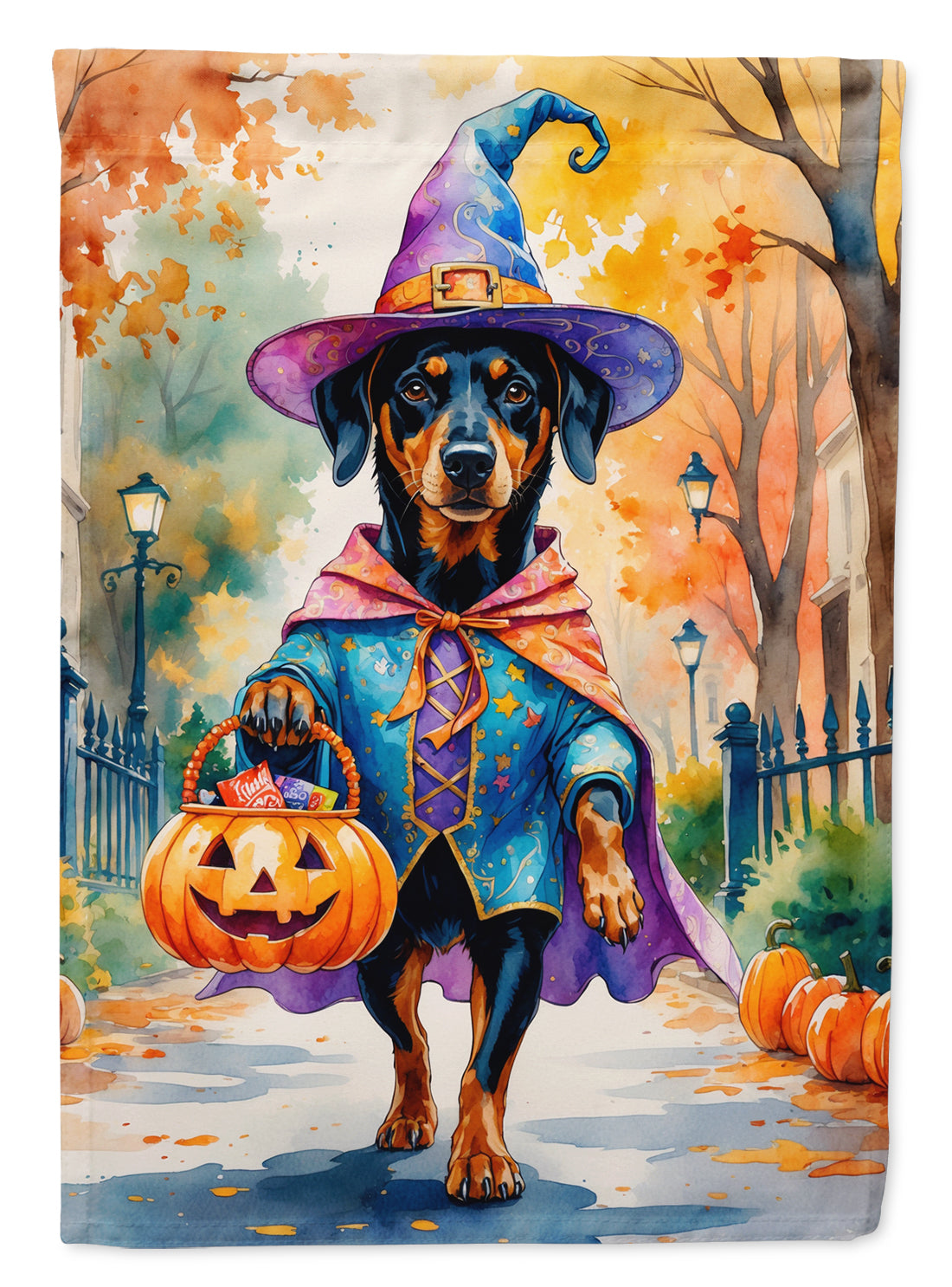 Doberman Pinscher Halloween Trick or Treat House Flag 28x40 Porch Sleeve Pole Decorative Outside Yard Banner Artwork Wall Hanging, Polyester