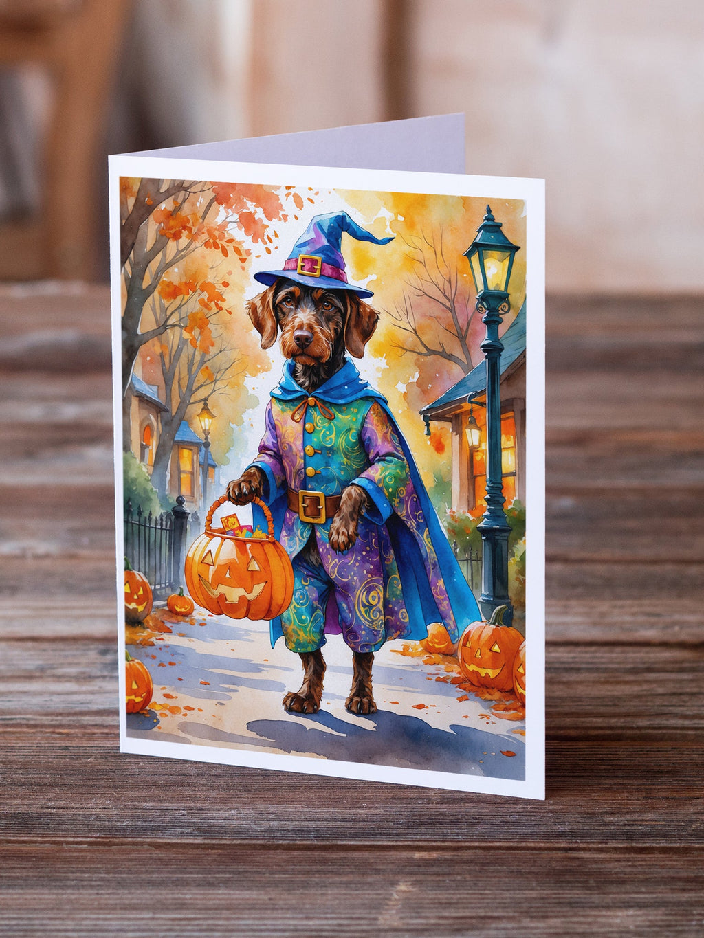 German Wirehaired Pointer Halloween Trick or Treat Greeting Cards Pack of 8 Blank Cards with Envelopes Whimsical A7 Size 5x7