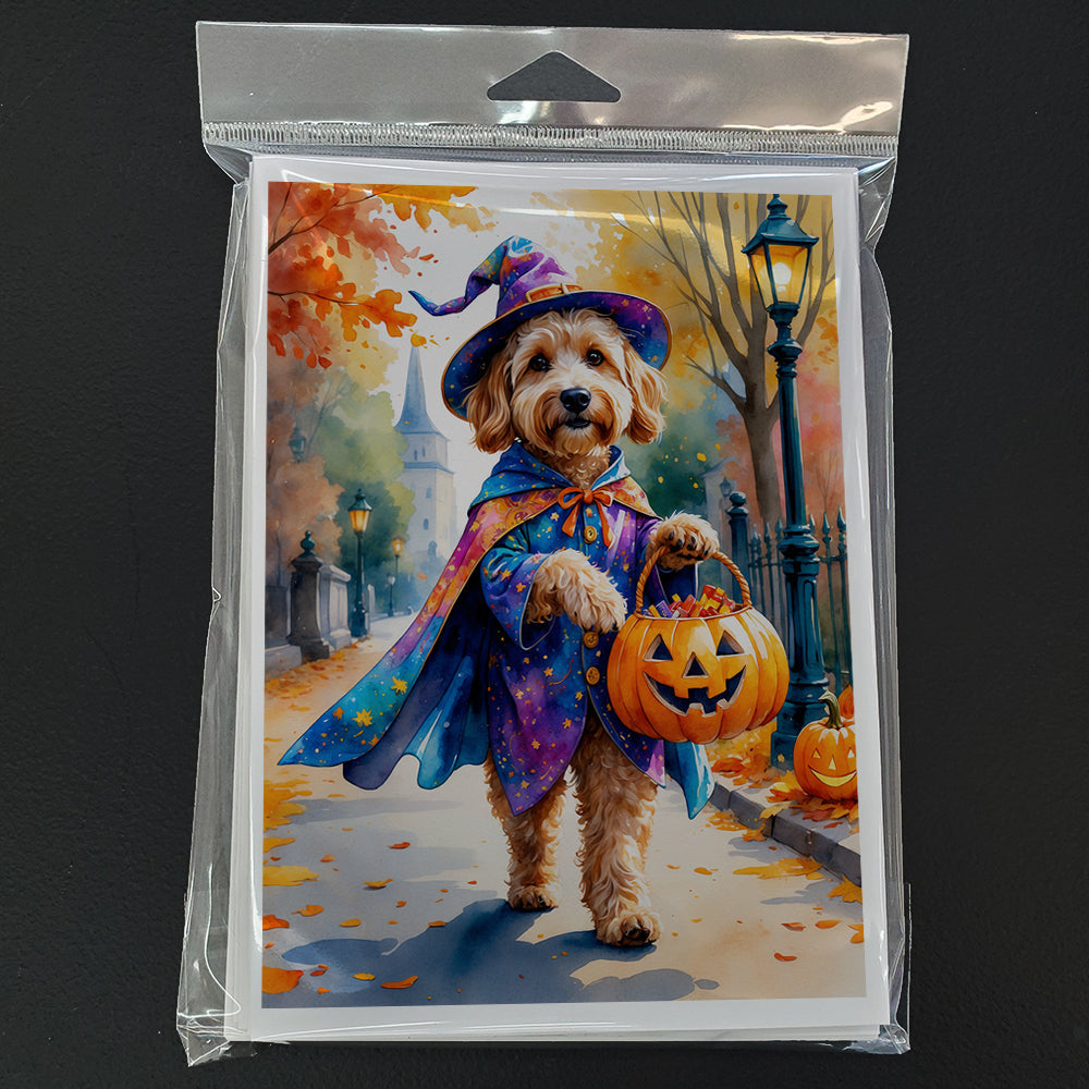 Goldendoodle Halloween Trick or Treat Greeting Cards Pack of 8 Blank Cards with Envelopes Whimsical A7 Size 5x7