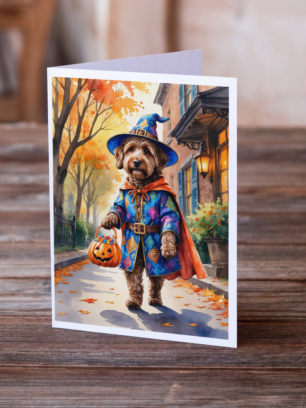 Chocolate Labradoodle Halloween Trick or Treat Greeting Cards Pack of 8 Blank Cards with Envelopes Whimsical A7 Size 5x7