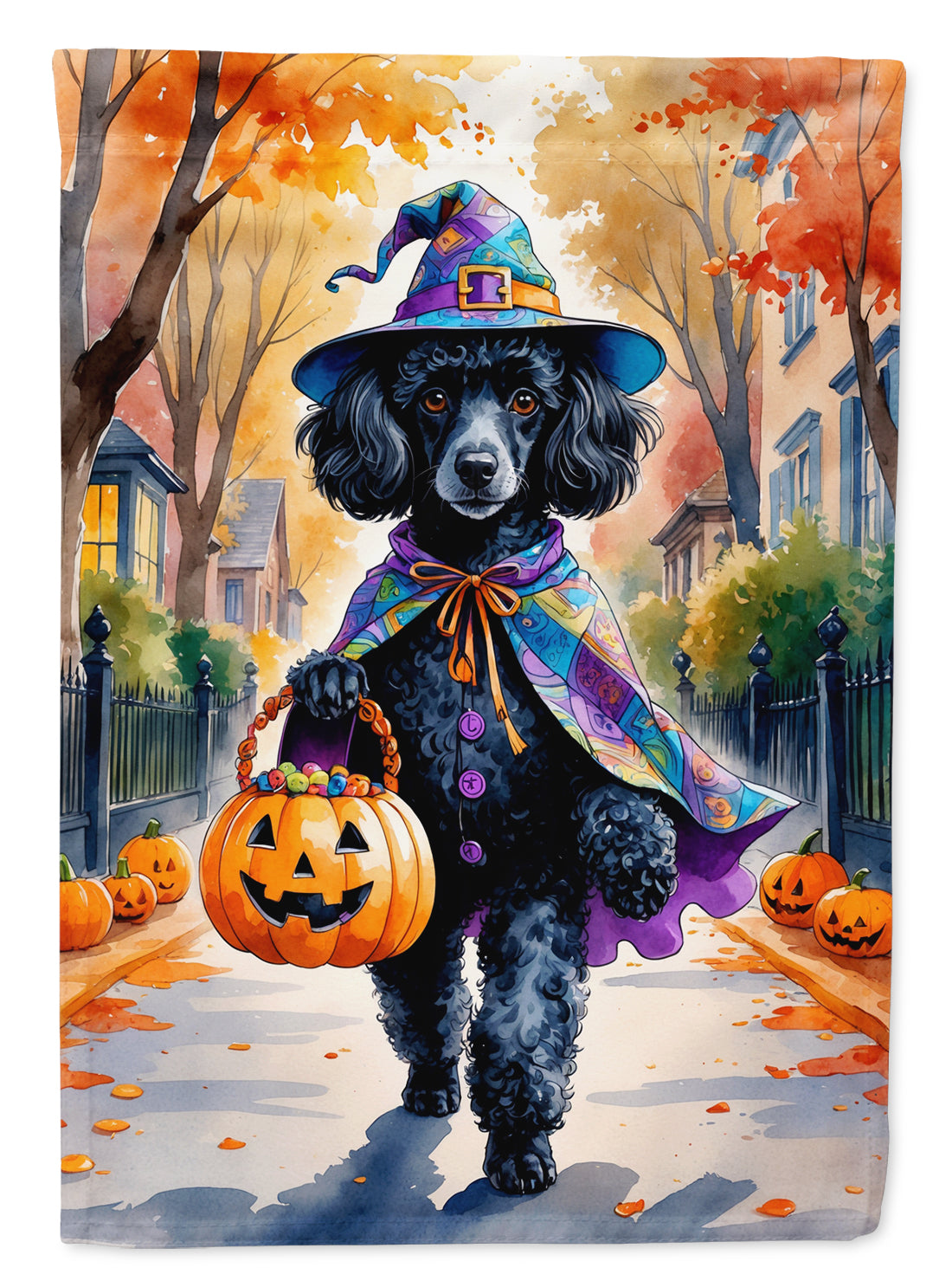 Black Poodle Halloween Trick or Treat House Flag 28x40 Porch Sleeve Pole Decorative Outside Yard Banner Artwork Wall Hanging, Polyester