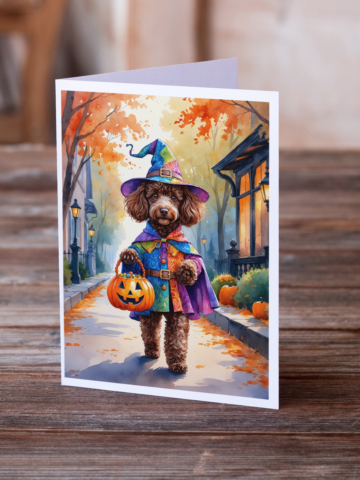 Chocolate Poodle Halloween Trick or Treat Greeting Cards Pack of 8 Blank Cards with Envelopes Whimsical A7 Size 5x7