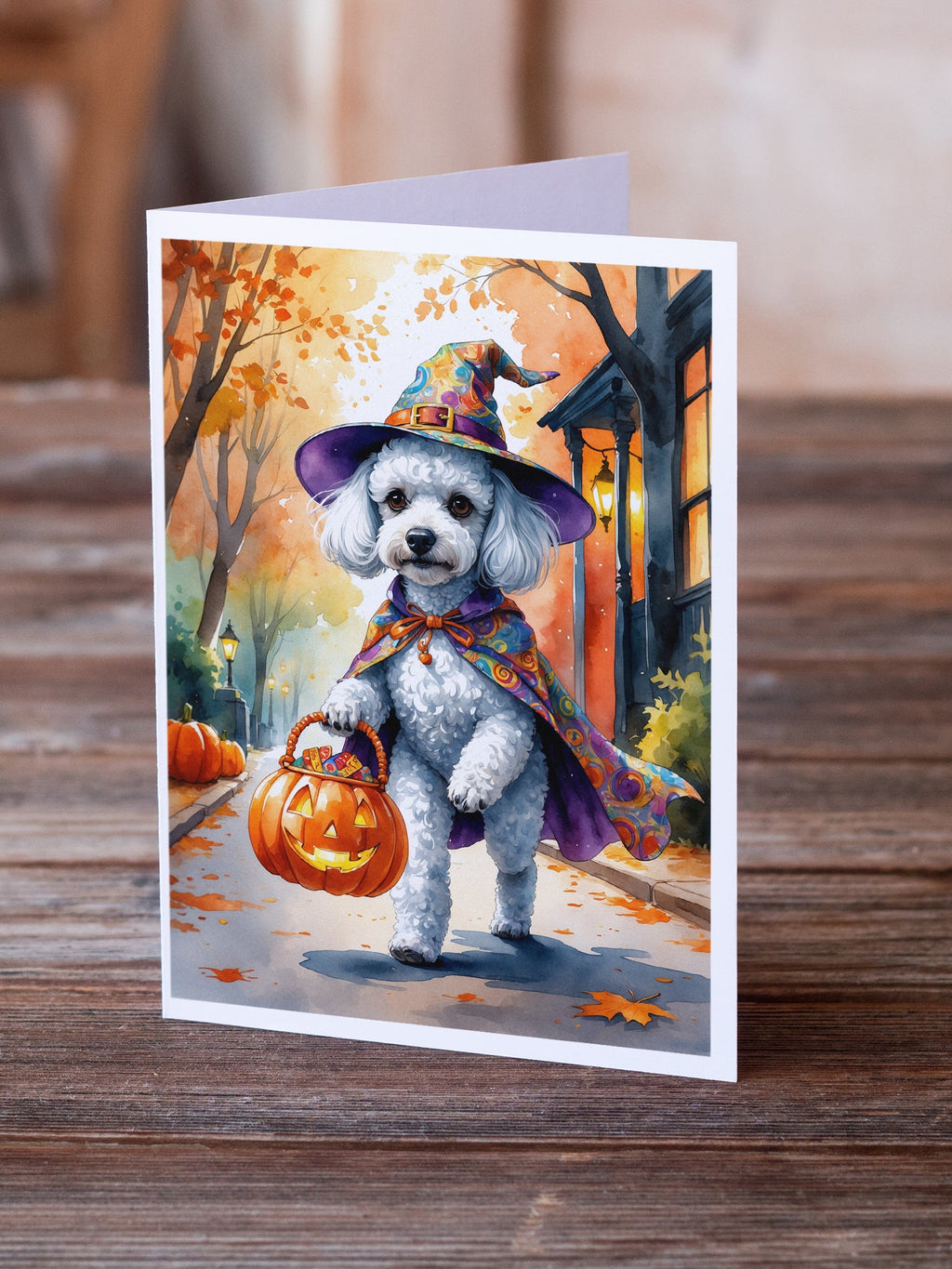 White Poodle Halloween Trick or Treat Greeting Cards Pack of 8 Blank Cards with Envelopes Whimsical A7 Size 5x7
