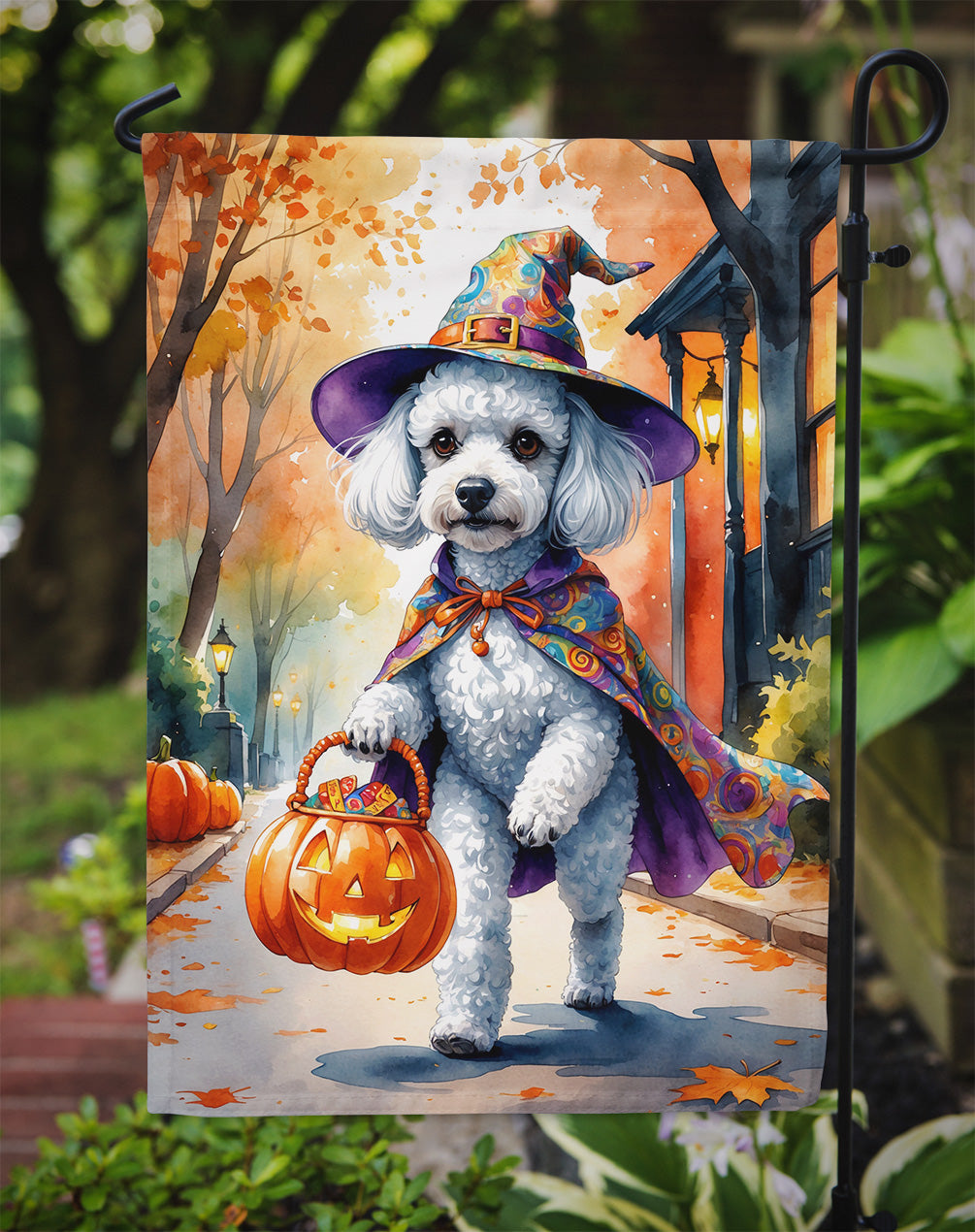 White Poodle Halloween Trick or Treat Garden Flag Mailbox Decorative Yard Banner Outside Patio Artwork for Flower Beds, Garden Size, Multicolor