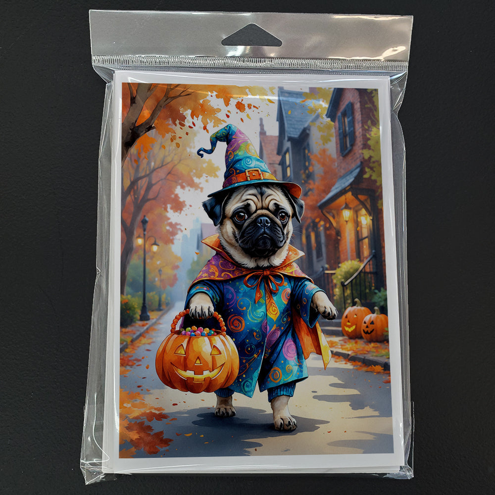 Pug Halloween Trick or Treat Greeting Cards Pack of 8 Blank Cards with Envelopes Whimsical A7 Size 5x7