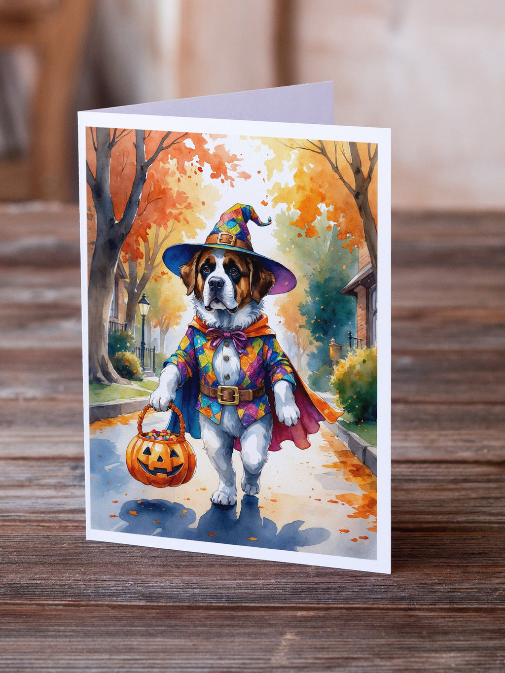 Saint Bernard Halloween Trick or Treat Greeting Cards Pack of 8 Blank Cards with Envelopes Whimsical A7 Size 5x7