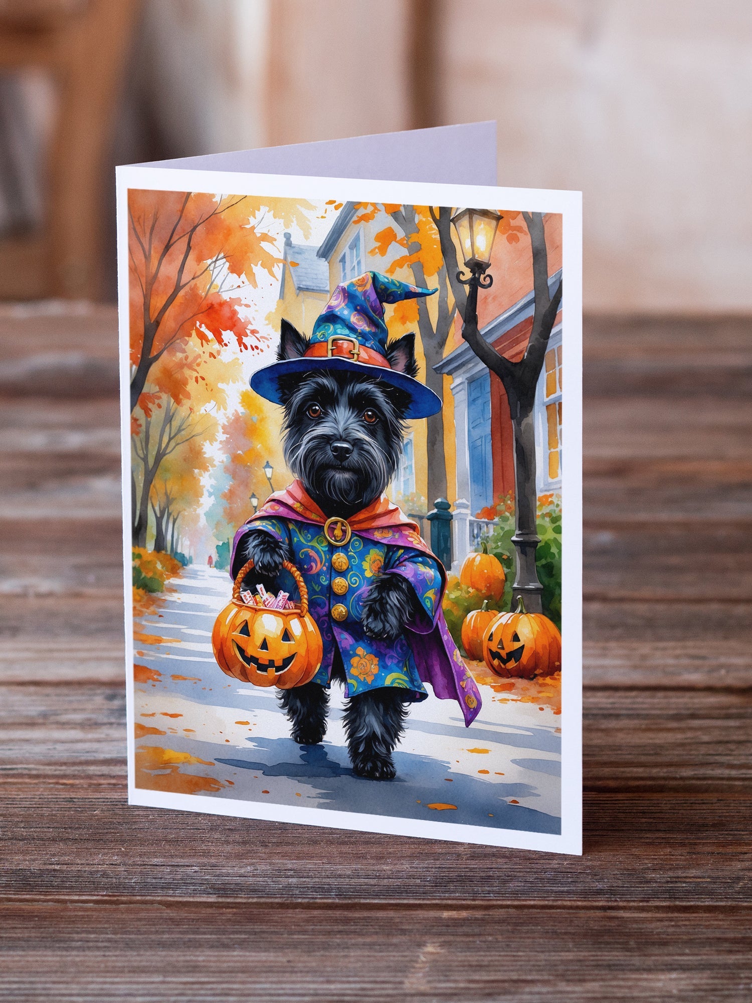 Scottish Terrier Halloween Trick or Treat Greeting Cards Pack of 8 Blank Cards with Envelopes Whimsical A7 Size 5x7