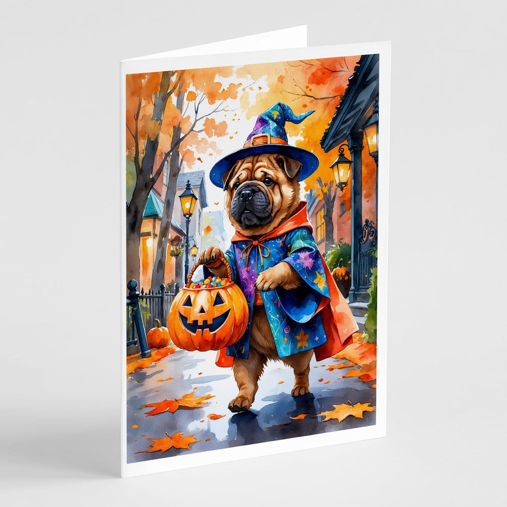 Shar Pei Halloween Trick or Treat Greeting Cards Pack of 8 Blank Cards with Envelopes Whimsical A7 Size 5x7