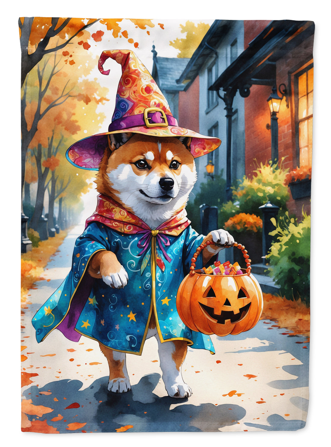 Shiba Inu Halloween Trick or Treat House Flag 28x40 Porch Sleeve Pole Decorative Outside Yard Banner Artwork Wall Hanging, Polyester