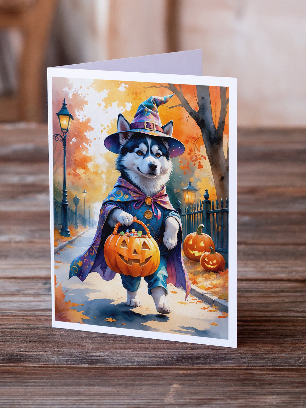 Siberian Husky Halloween Trick or Treat Greeting Cards Pack of 8 Blank Cards with Envelopes Whimsical A7 Size 5x7