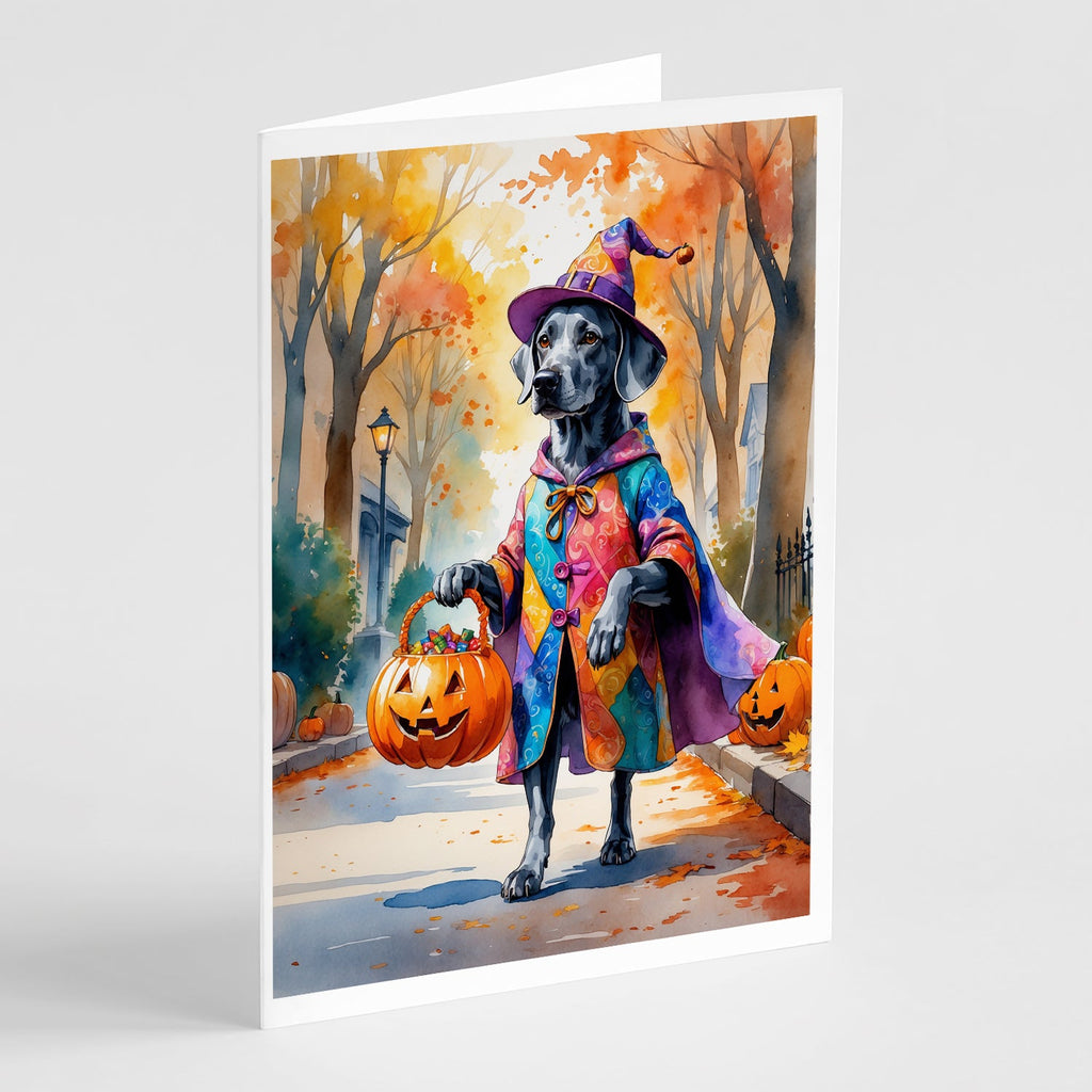 Weimaraner Halloween Trick or Treat Greeting Cards Pack of 8 Blank Cards with Envelopes Whimsical A7 Size 5x7