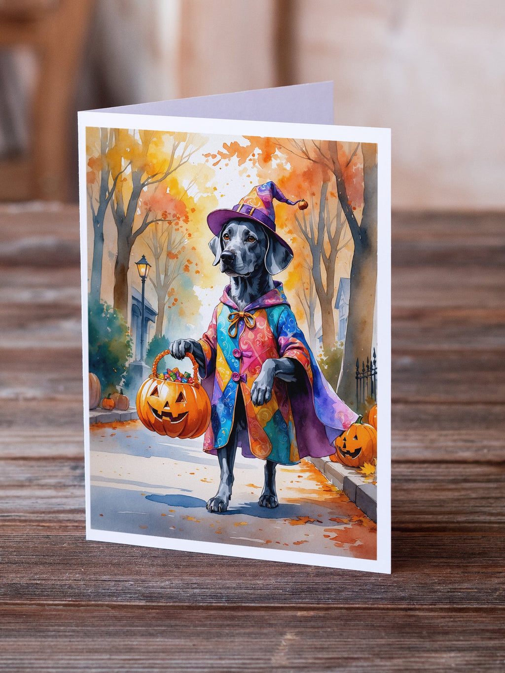 Weimaraner Halloween Trick or Treat Greeting Cards Pack of 8 Blank Cards with Envelopes Whimsical A7 Size 5x7