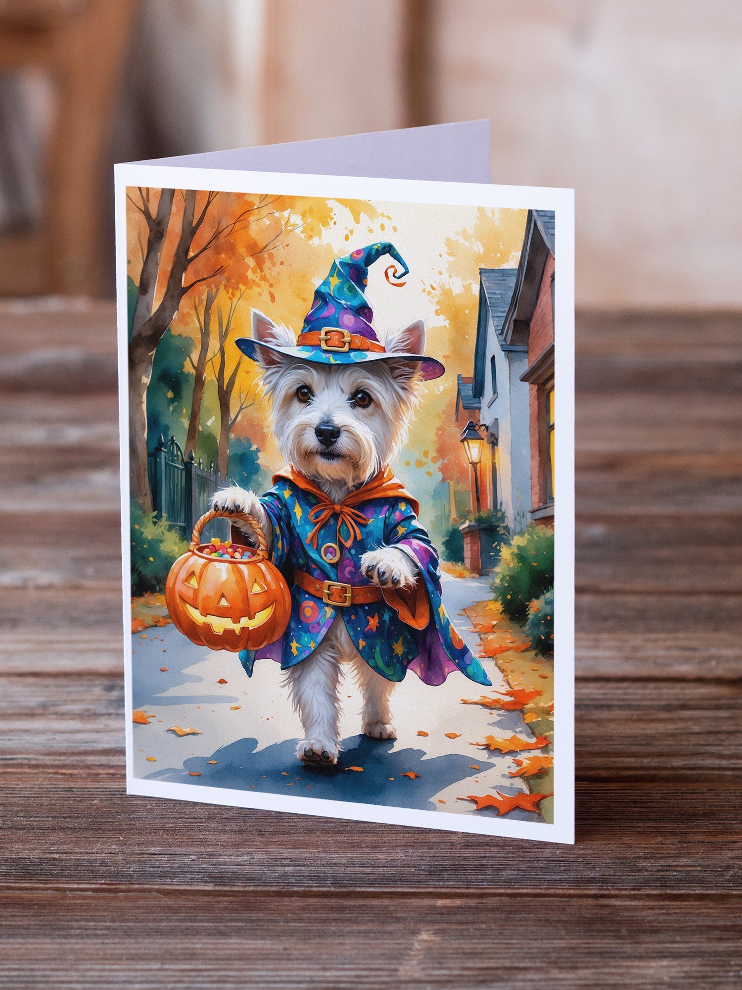 Westie Halloween Trick or Treat Greeting Cards Pack of 8 Blank Cards with Envelopes Whimsical A7 Size 5x7