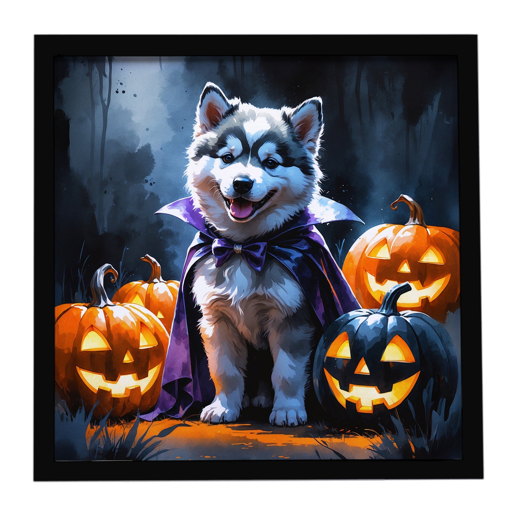 Alaskan Malamute Puppy Halloween Framed Metal Print Bathroom, Kitchen, Office, Home Decor Wall Art Ready to Hang, Square, 8X8
