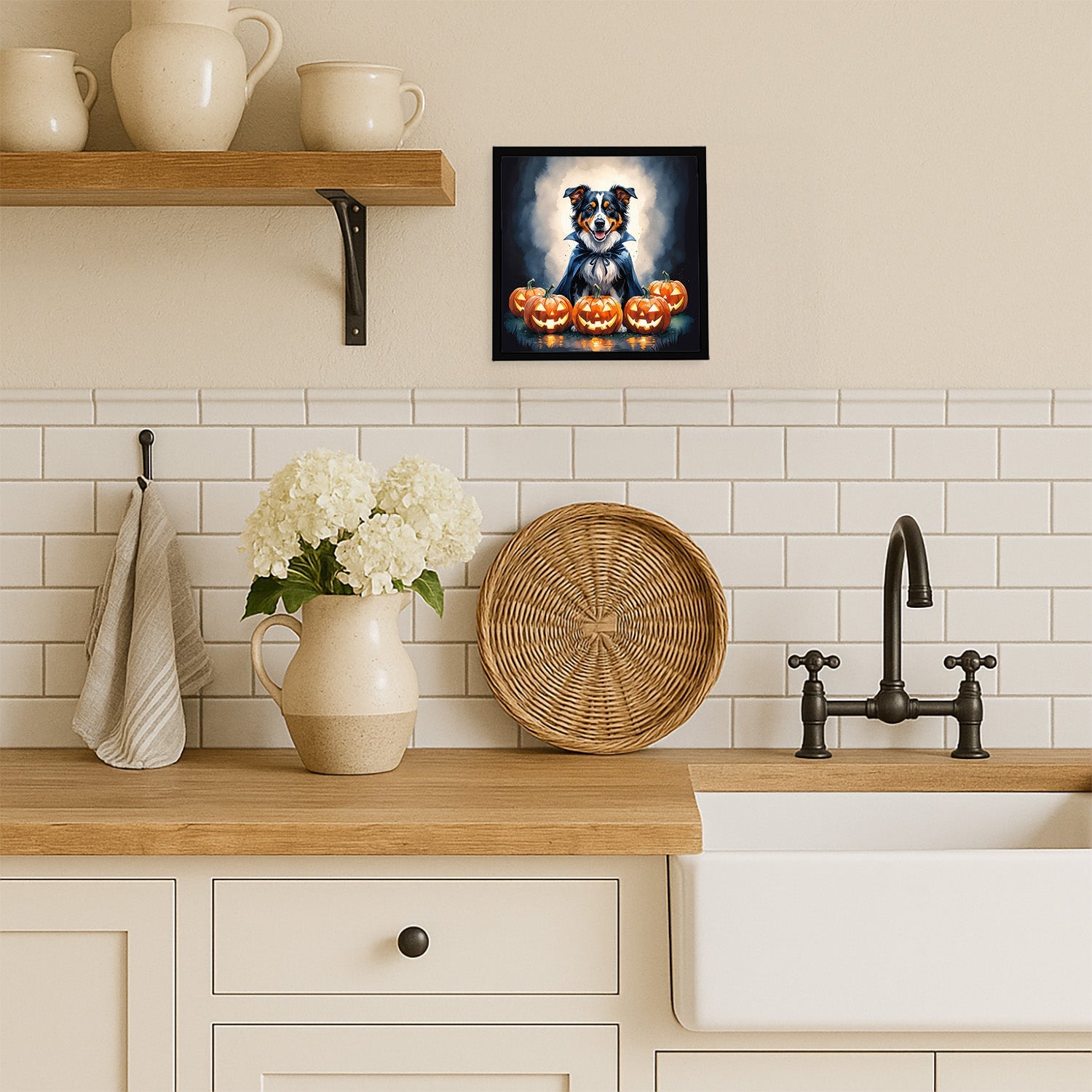 Australian Shepherd Puppy Halloween Framed Metal Print Bathroom, Kitchen, Office, Home Decor Wall Art Ready to Hang, Square, 8X8