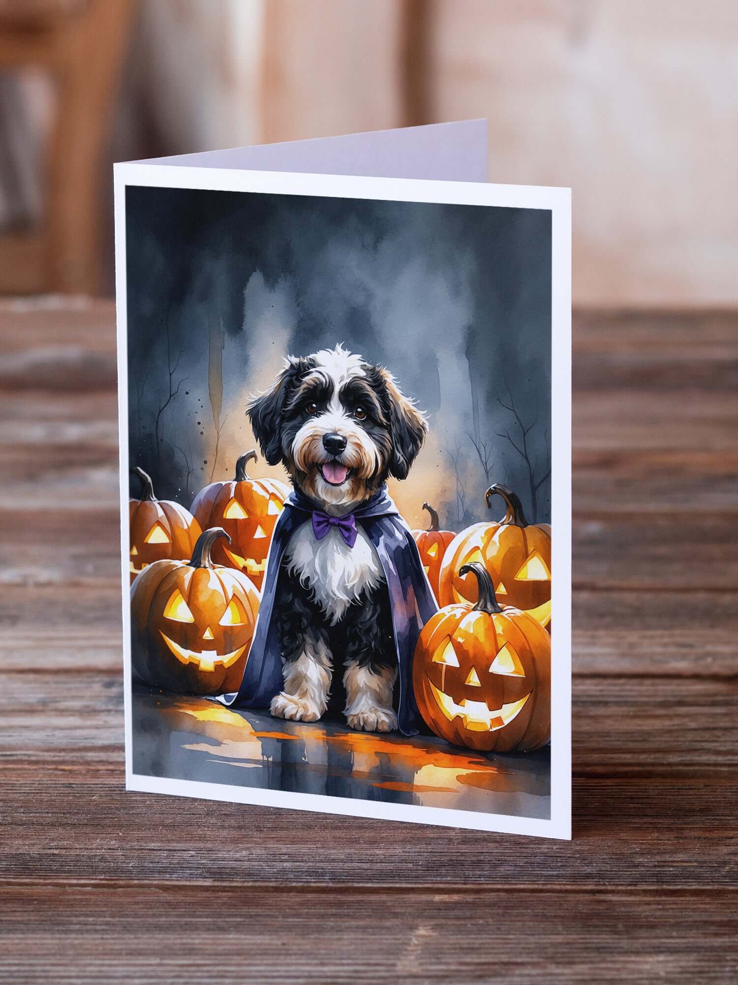 Bernedoodle Puppy Halloween Greeting Cards Pack of 8 Blank Cards with Envelopes Whimsical A7 Size 5x7