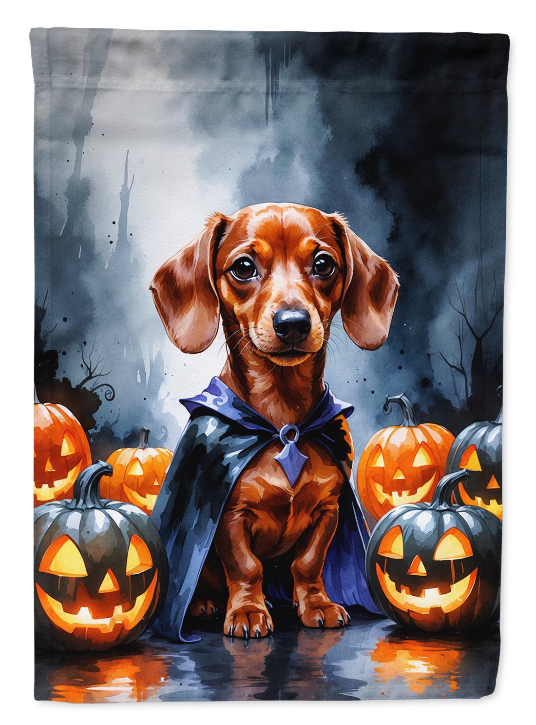 Red Dachshund Puppy Halloween House Flag 28x40 Porch Sleeve Pole Decorative Outside Yard Banner Artwork Wall Hanging, Polyester