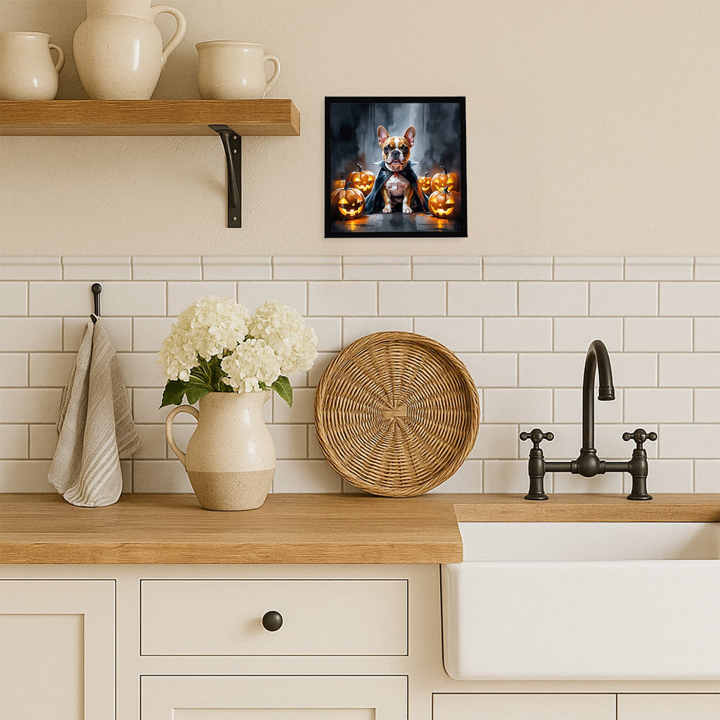 French Bulldog Puppy Halloween Framed Metal Print Bathroom, Kitchen, Office, Home Decor Wall Art Ready to Hang, Square, 8X8