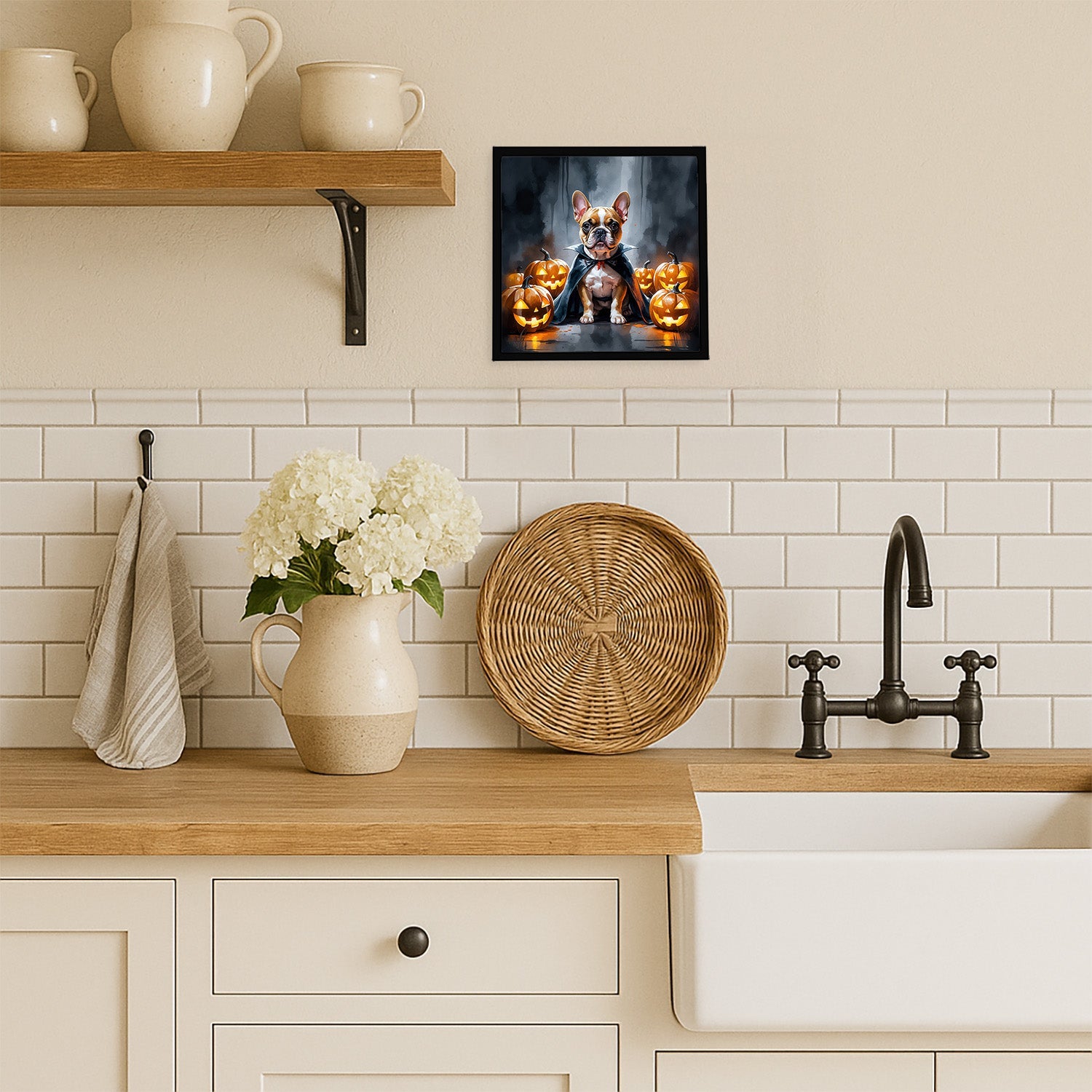 French Bulldog Puppy Halloween Framed Metal Print Bathroom, Kitchen, Office, Home Decor Wall Art Ready to Hang, Square, 8X8