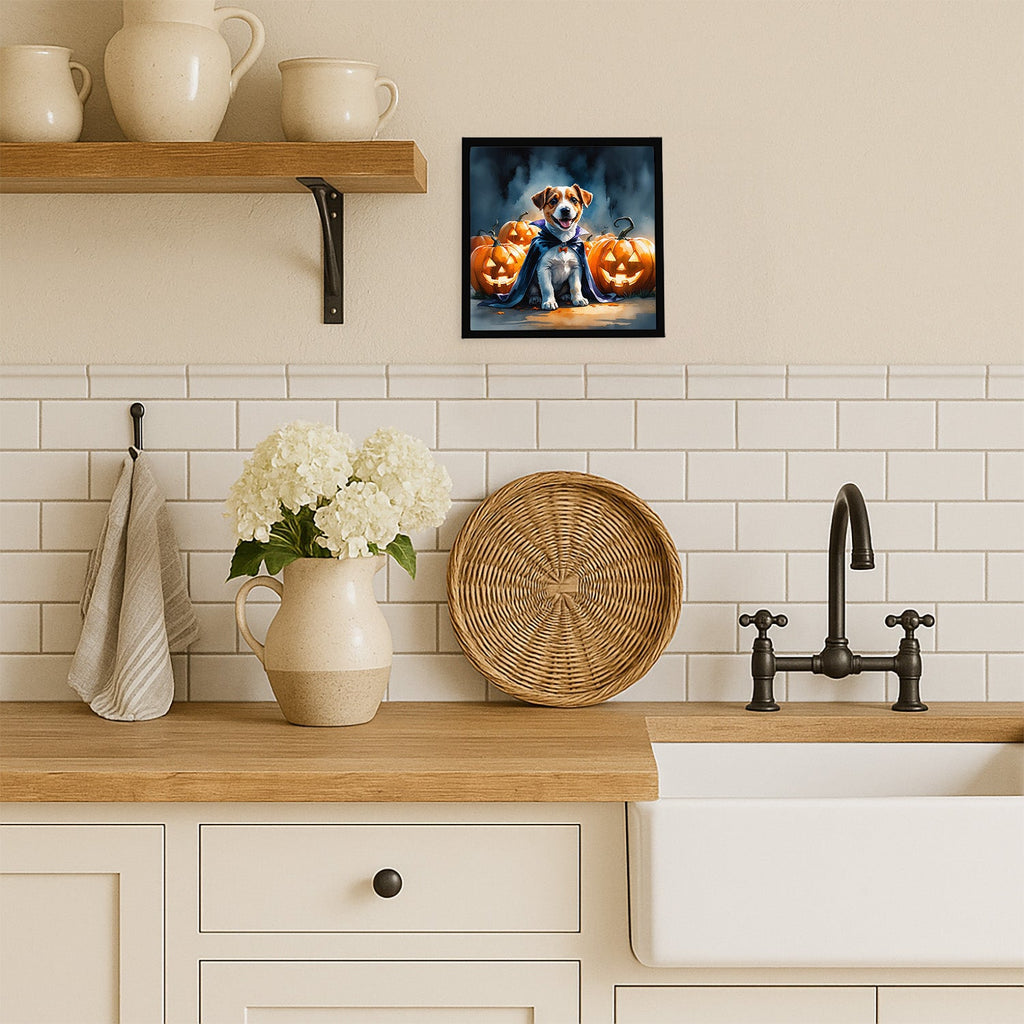 Jack Russell Terrier Puppy Halloween Framed Metal Print Bathroom, Kitchen, Office, Home Decor Wall Art Ready to Hang, Square, 8X8