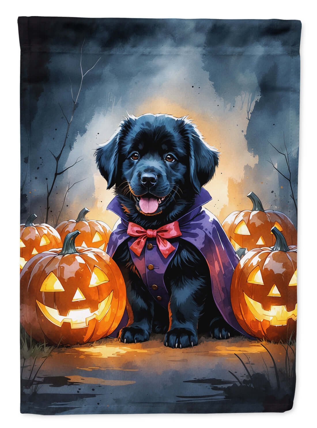 Black Newfoundland Puppy Halloween House Flag 28x40 Porch Sleeve Pole Decorative Outside Yard Banner Artwork Wall Hanging, Polyester