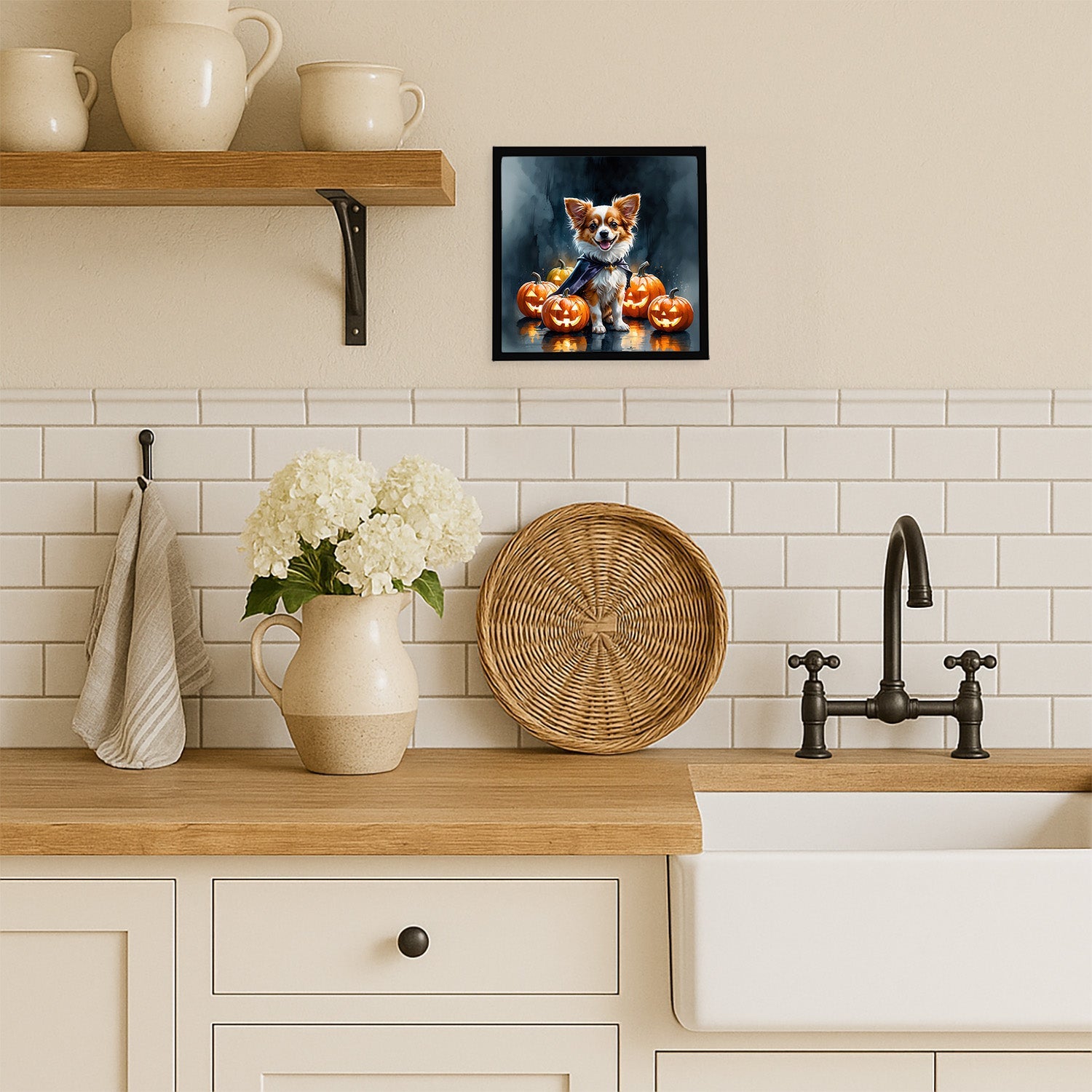 Papillon Puppy Halloween Framed Metal Print Bathroom, Kitchen, Office, Home Decor Wall Art Ready to Hang, Square, 8X8