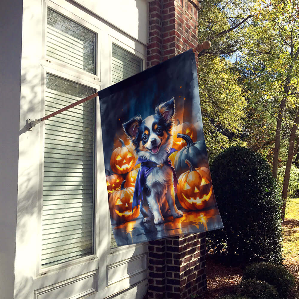 Tricolor Papillon Puppy Halloween House Flag 28x40 Porch Sleeve Pole Decorative Outside Yard Banner Artwork Wall Hanging, Polyester