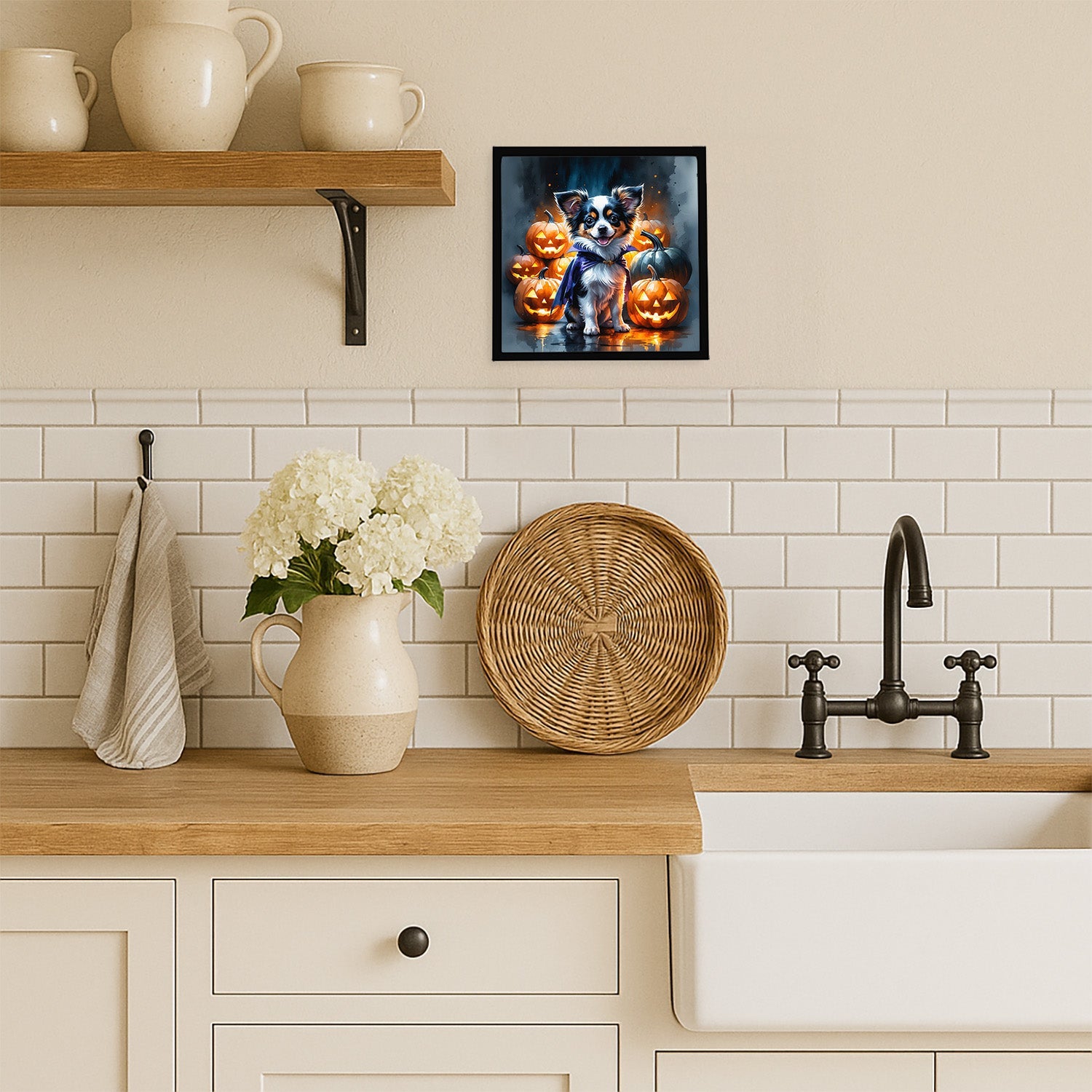 Tricolor Papillon Puppy Halloween Framed Metal Print Bathroom, Kitchen, Office, Home Decor Wall Art Ready to Hang, Square, 8X8