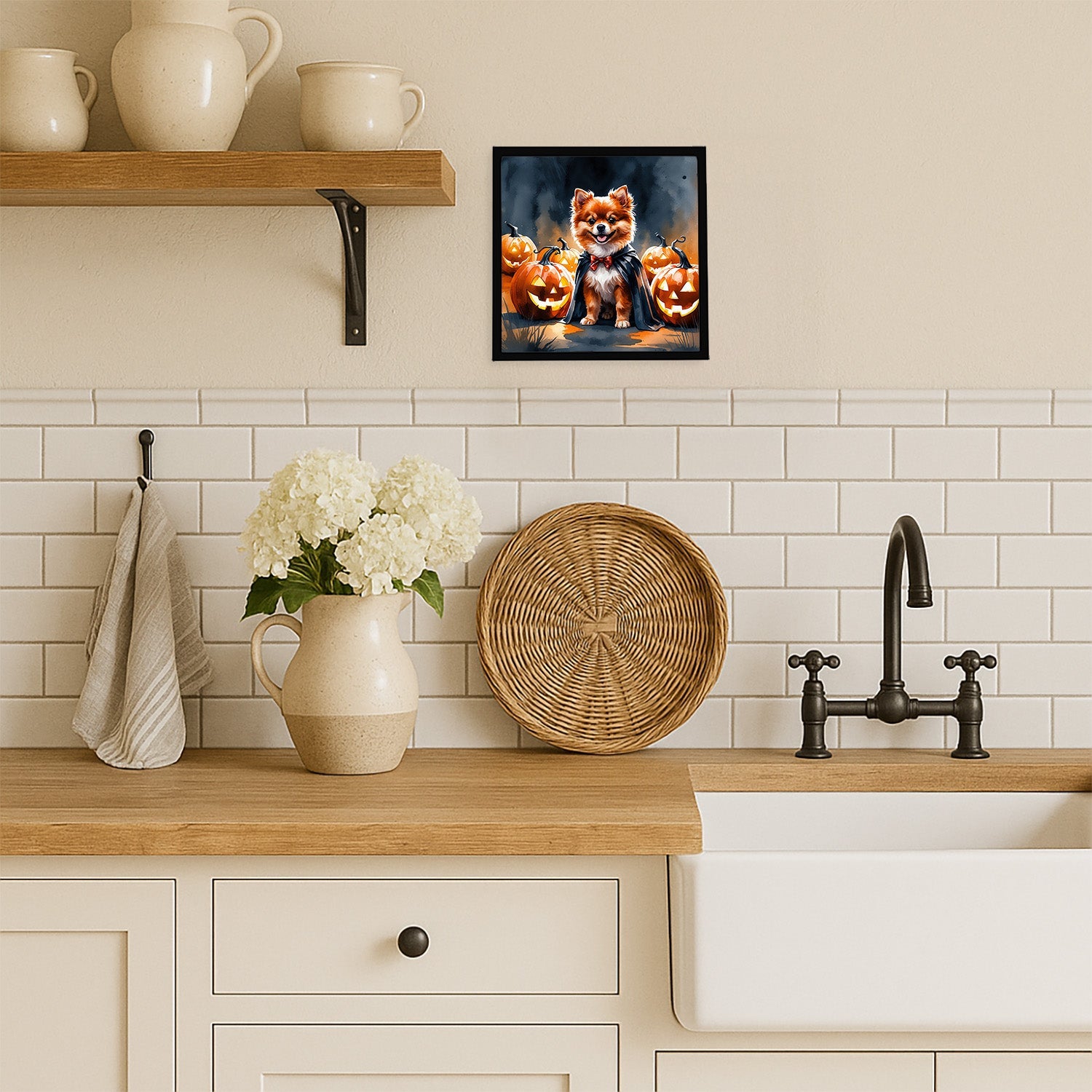 Pomeranian Puppy Halloween Framed Metal Print Bathroom, Kitchen, Office, Home Decor Wall Art Ready to Hang, Square, 8X8
