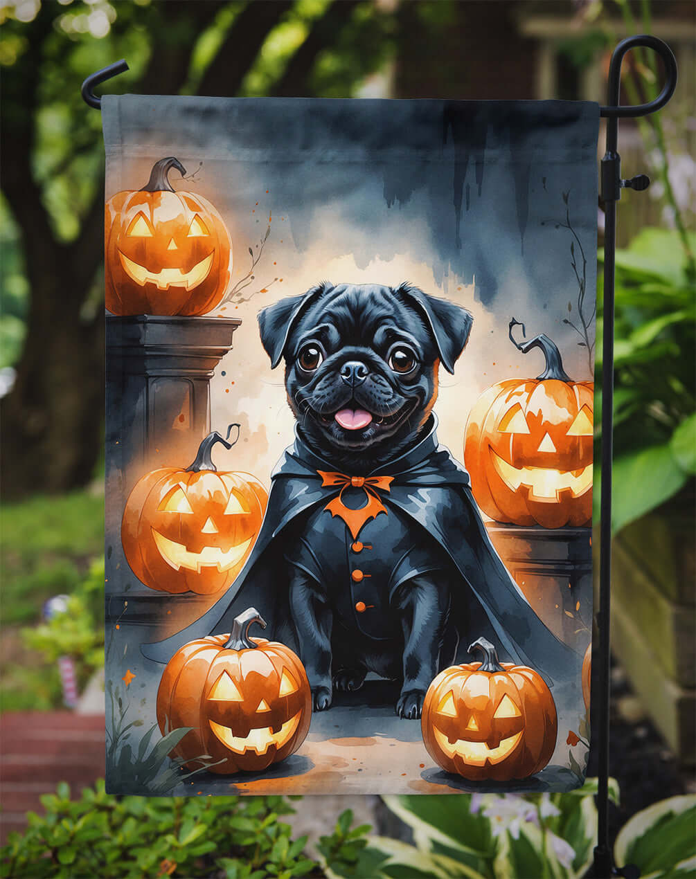 Black Pug Puppy Halloween Garden Flag Mailbox Decorative Yard Banner Outside Patio Artwork for Flower Beds, Garden Size, Multicolor