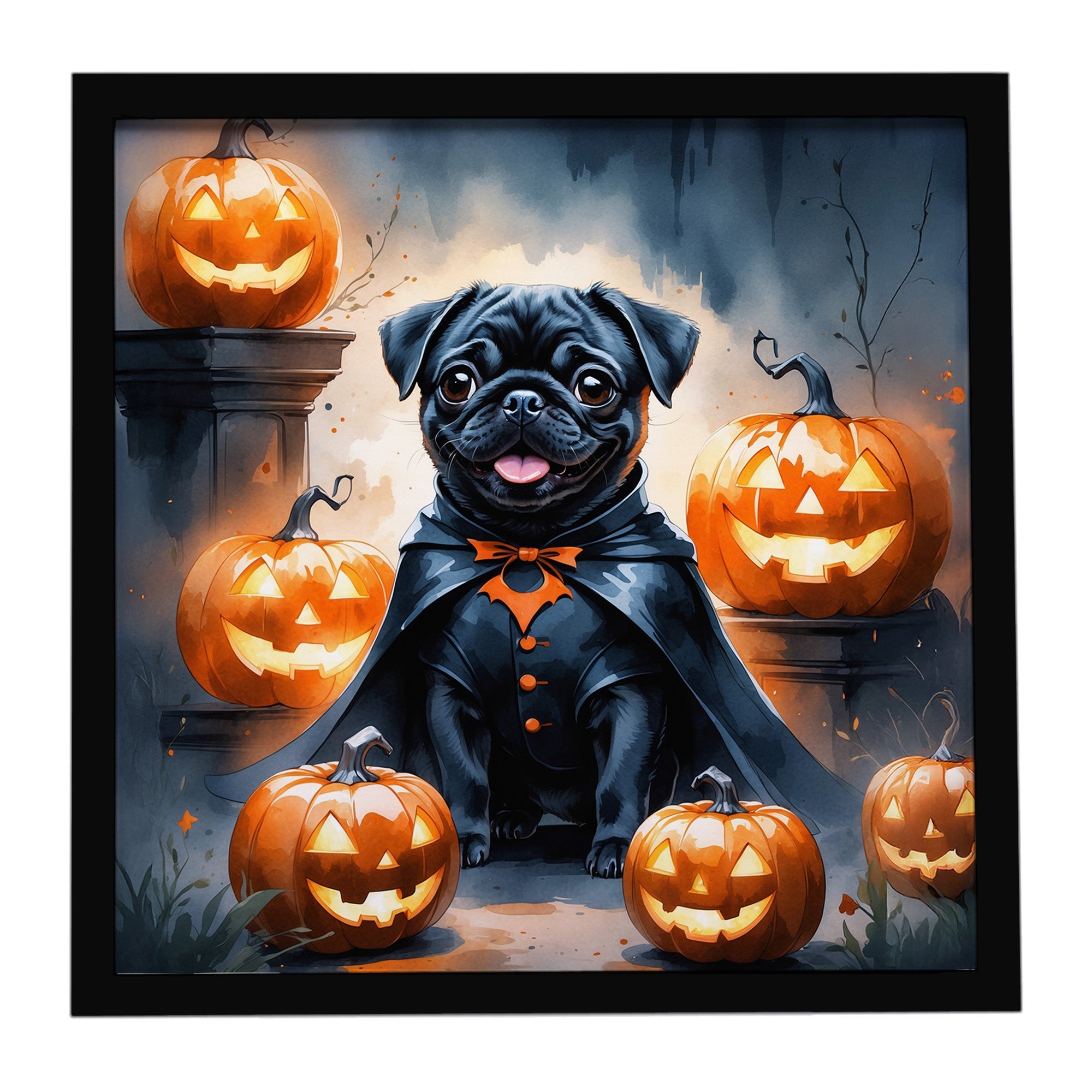 Black Pug Puppy Halloween Framed Metal Print Bathroom, Kitchen, Office, Home Decor Wall Art Ready to Hang, Square, 8X8