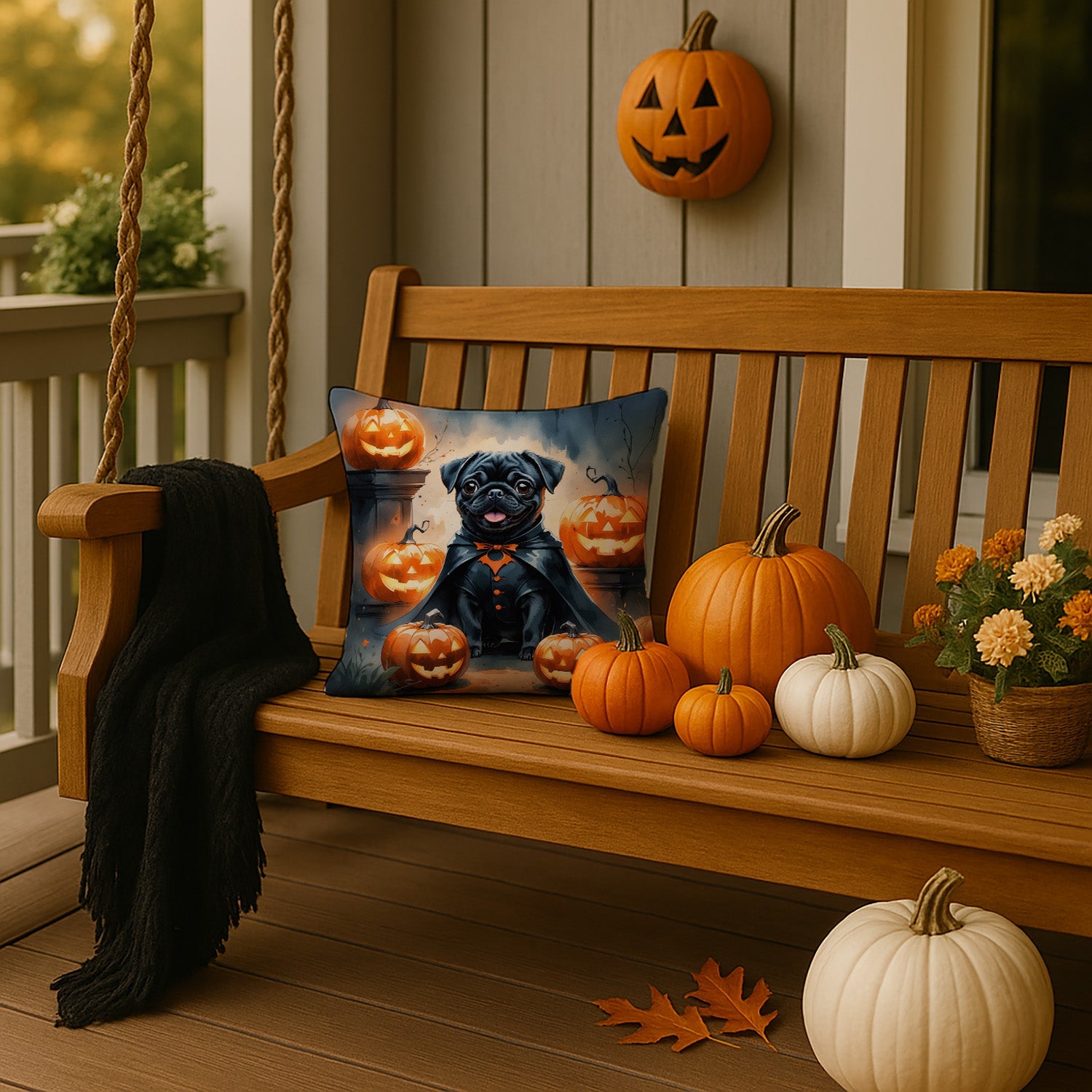 Black Pug Puppy Halloween Decorative Throw Pillow 14x14 Indoor Outdoor Accent Cushion, Fabric Cover with Insert for Sofa, Bed, Porch & Living Room