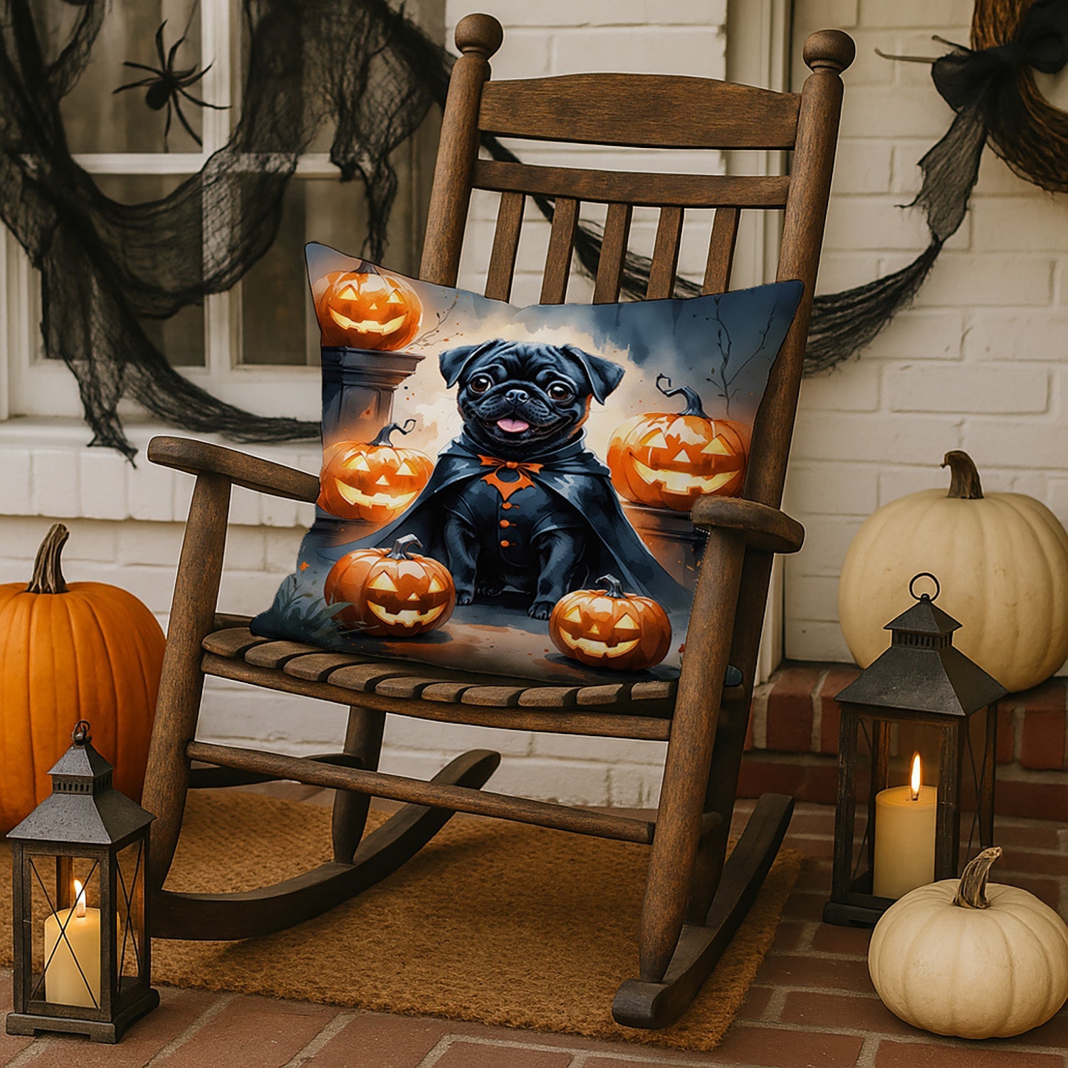 Black Pug Puppy Halloween Decorative Throw Pillow 18x18 Indoor Outdoor Accent Cushion, Fabric Cover with Insert for Sofa, Bed, Porch & Living Room