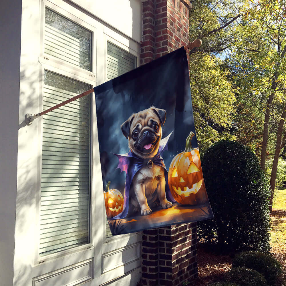 Pug Puppy Halloween House Flag 28x40 Porch Sleeve Pole Decorative Outside Yard Banner Artwork Wall Hanging, Polyester