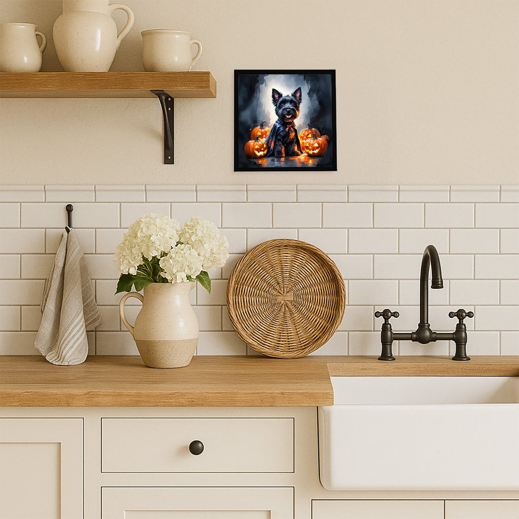 Scottish Terrier Puppy Halloween Framed Metal Print Bathroom, Kitchen, Office, Home Decor Wall Art Ready to Hang, Square, 8X8