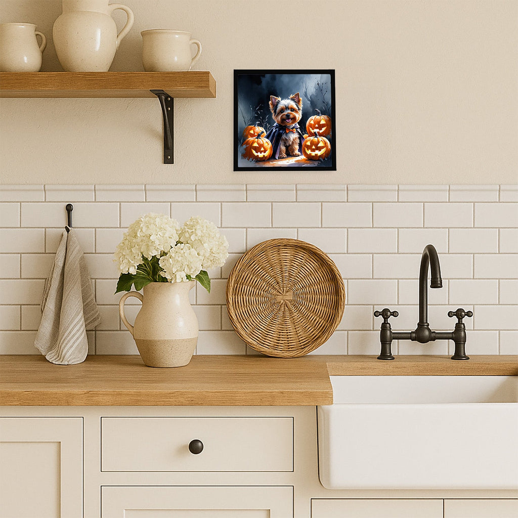 Yorkshire Terrier Puppy Halloween Framed Metal Print Bathroom, Kitchen, Office, Home Decor Wall Art Ready to Hang, Square, 8X8