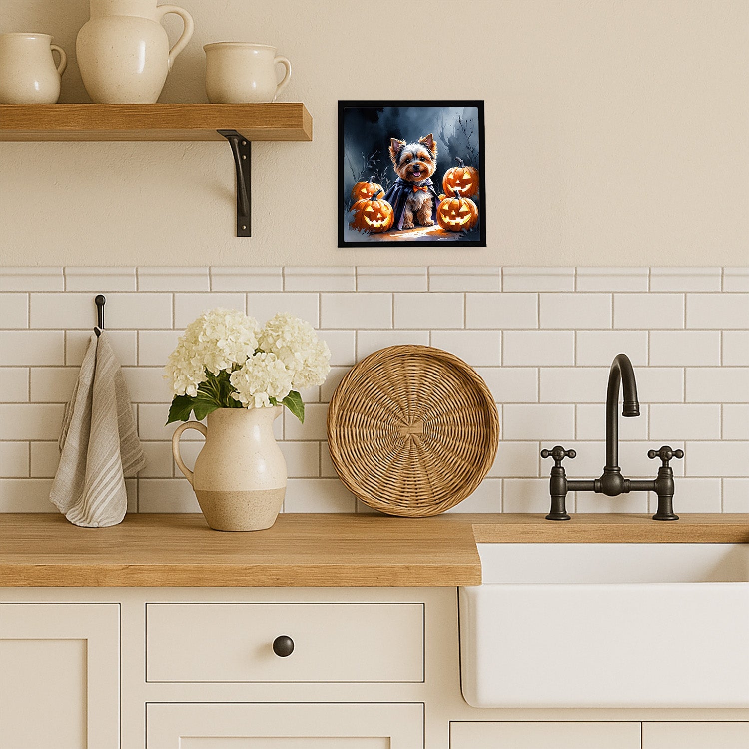 Yorkshire Terrier Puppy Halloween Framed Metal Print Bathroom, Kitchen, Office, Home Decor Wall Art Ready to Hang, Square, 8X8