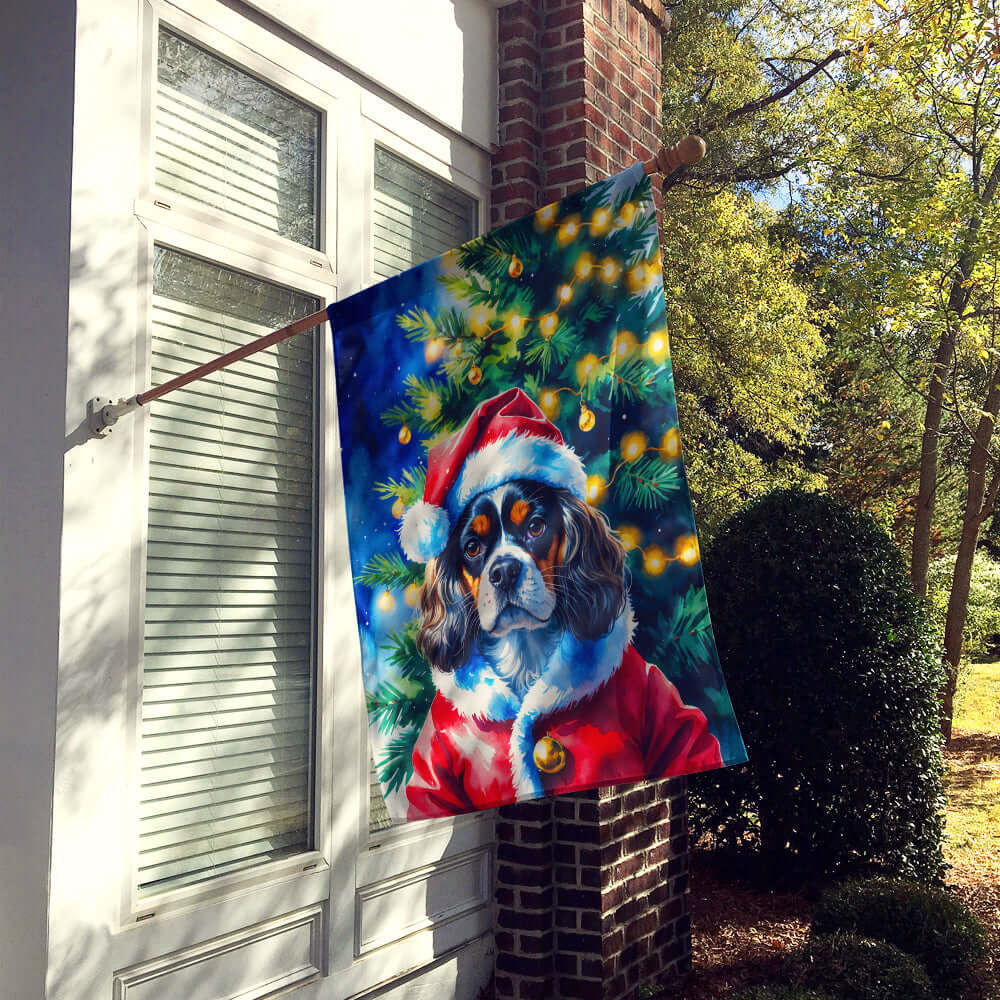 Tricolor Cavalier Spaniel Christmas House Flag 28x40 Porch Sleeve Pole Decorative Outside Yard Banner Artwork Wall Hanging, Polyester