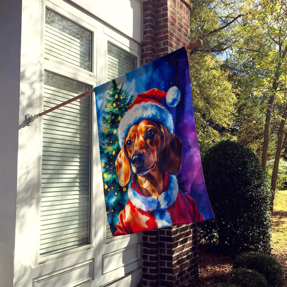 Red Dachshund Christmas House Flag 28x40 Porch Sleeve Pole Decorative Outside Yard Banner Artwork Wall Hanging, Polyester