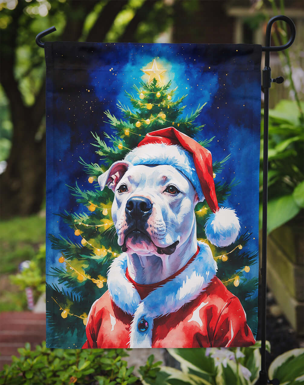 White Pit Bull Terrier Christmas Garden Flag Mailbox Decorative Yard Banner Outside Patio Artwork for Flower Beds, Garden Size, Multicolor