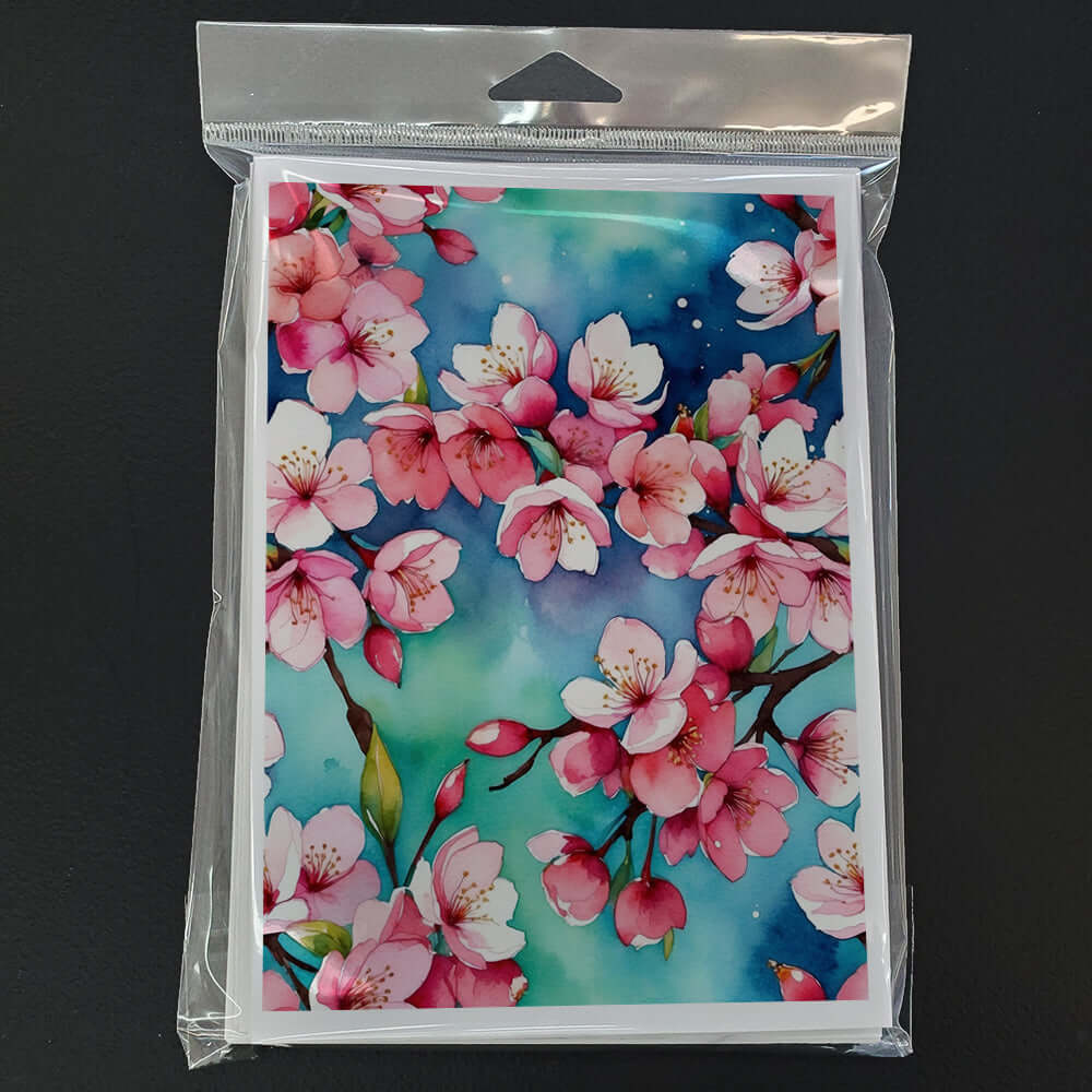 Cherry Blossoms Greeting Cards Pack of 8 Blank Cards with Envelopes Whimsical A7 Size 5x7