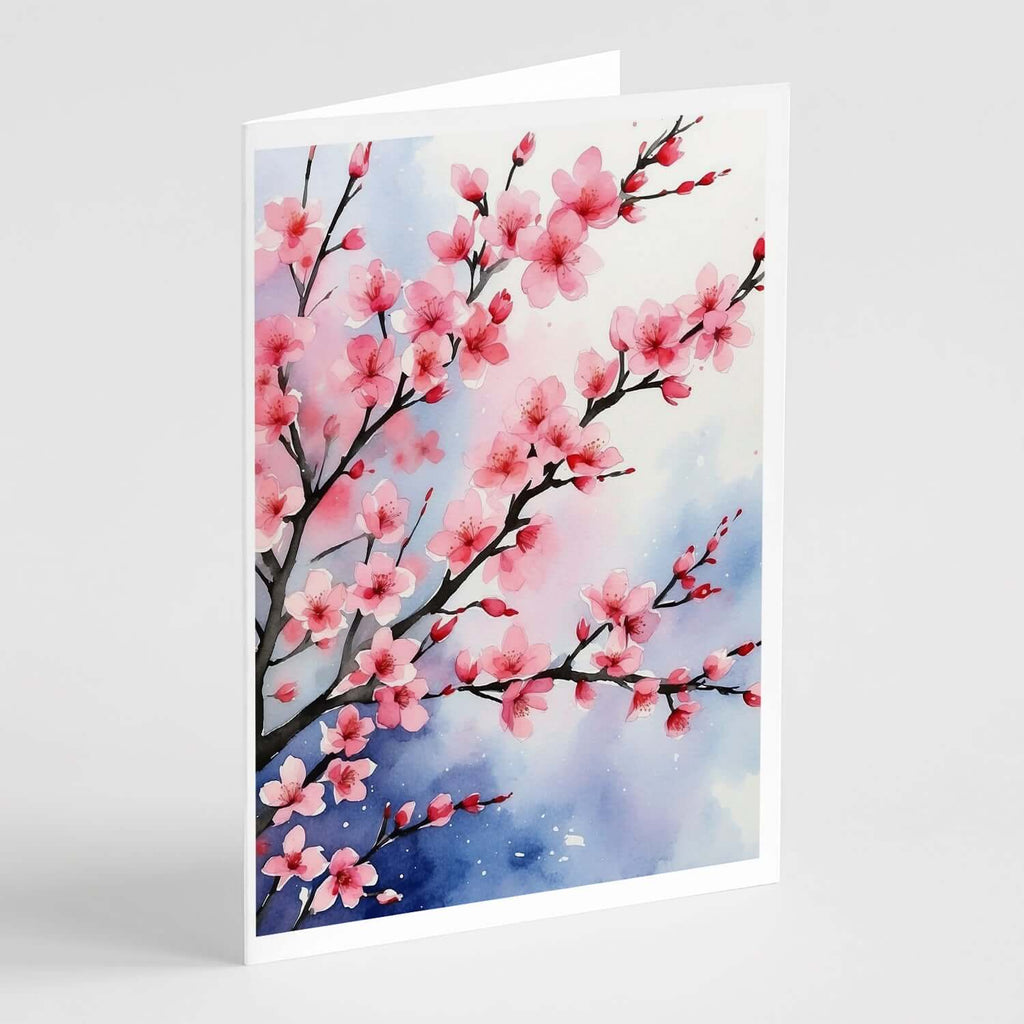 Cherry Blossoms Greeting Cards Pack of 8 Blank Cards with Envelopes Whimsical A7 Size 5x7