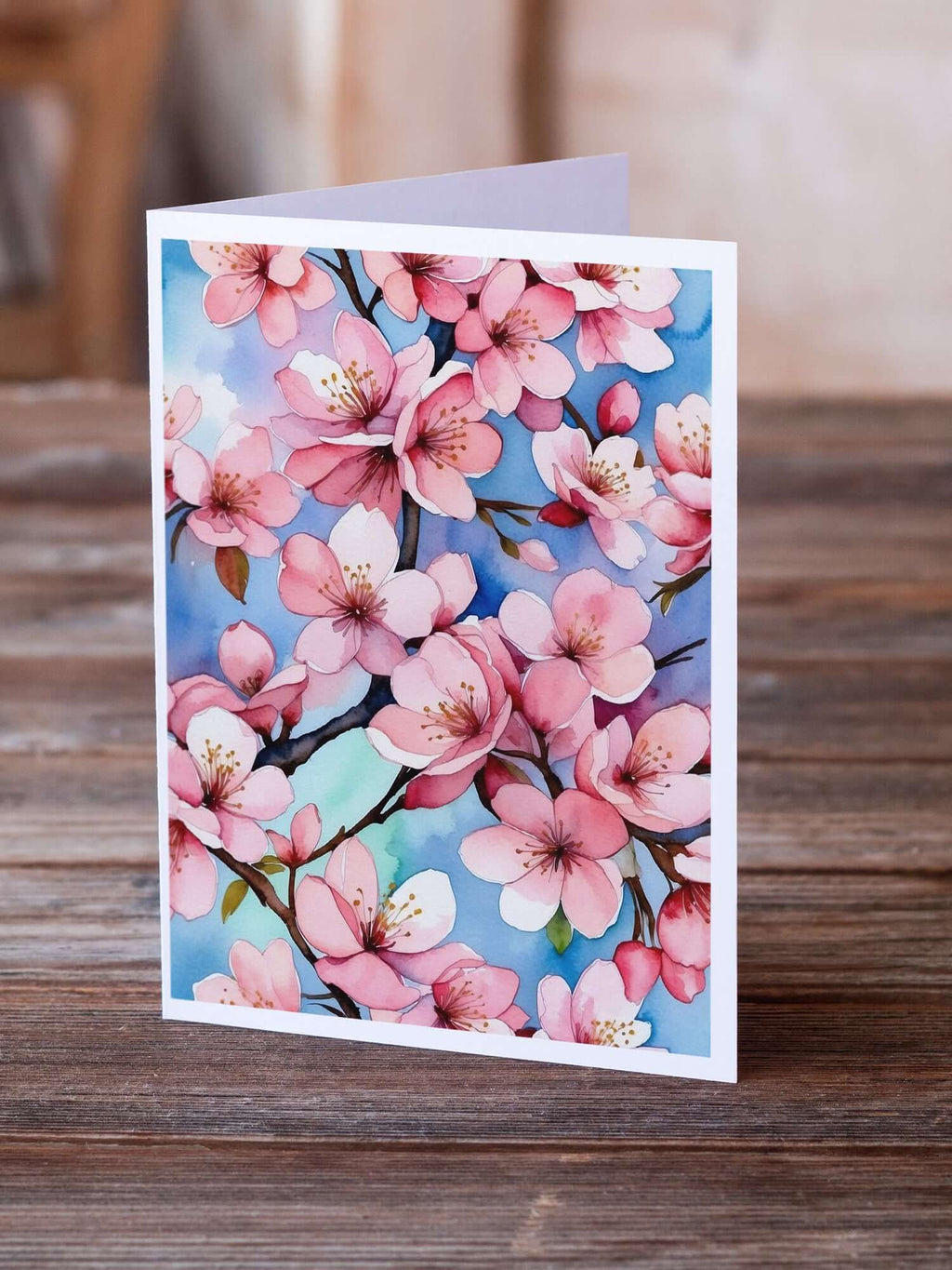 Cherry Blossoms Greeting Cards Pack of 8 Blank Cards with Envelopes Whimsical A7 Size 5x7