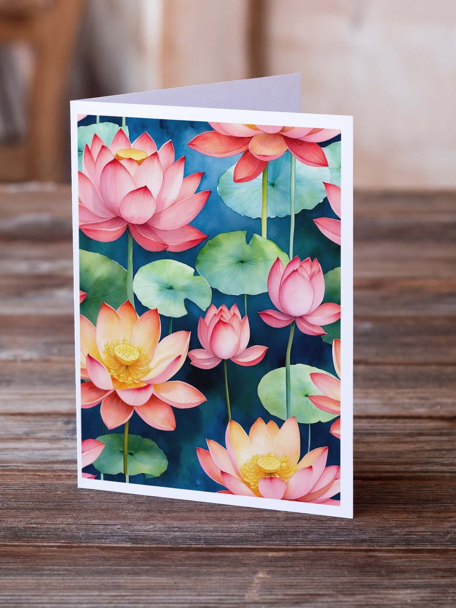 Lotus Flowers Greeting Cards Pack of 8 Blank Cards with Envelopes Whimsical A7 Size 5x7