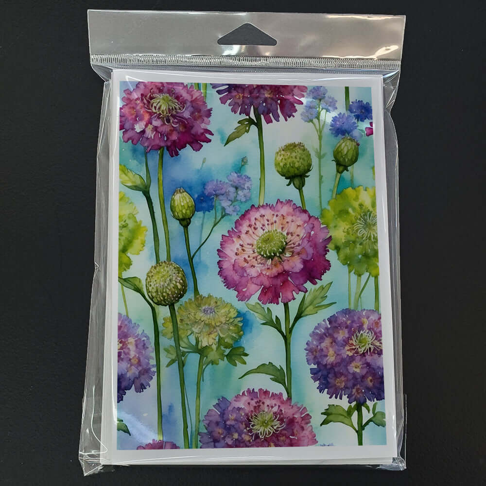 Scabiosa Flowers Greeting Cards Pack of 8 Blank Cards with Envelopes Whimsical A7 Size 5x7