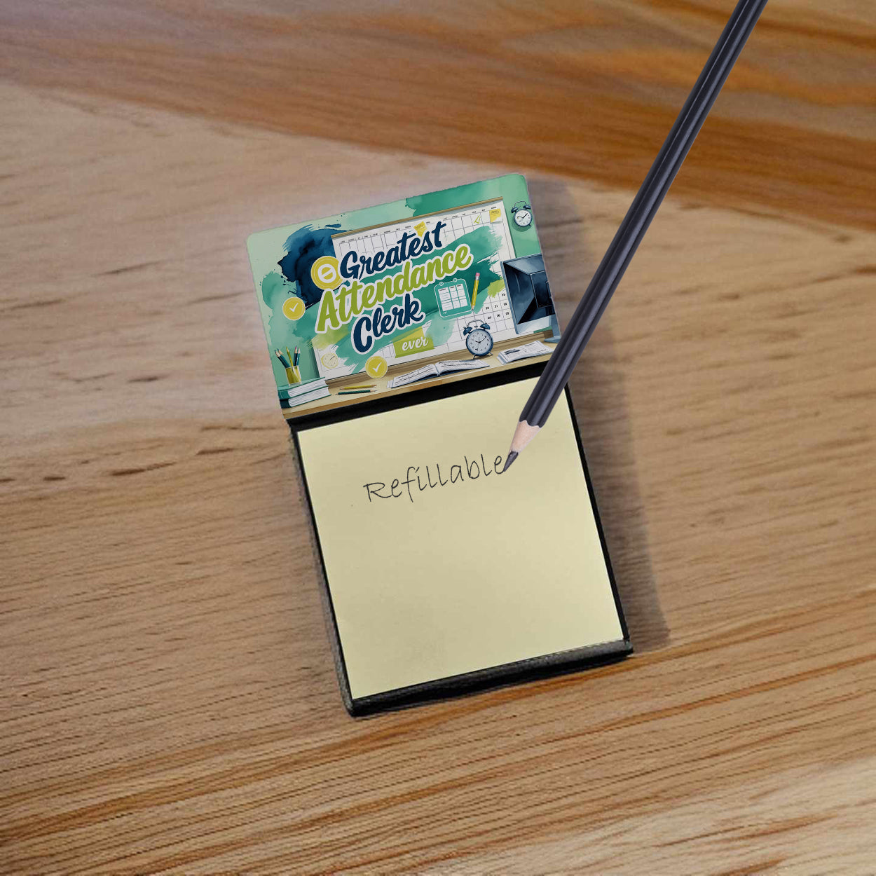 Greatest Attendance Clerk Ever Funny Sticky Note Holder for Teacher's Gift Refillable with 3x3 Notes