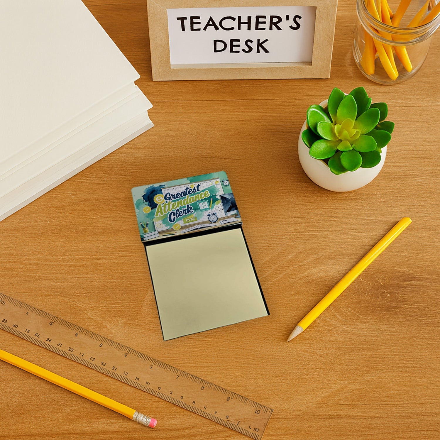 Greatest Attendance Clerk Ever Funny Sticky Note Holder for Teacher's Gift Refillable with 3x3 Notes