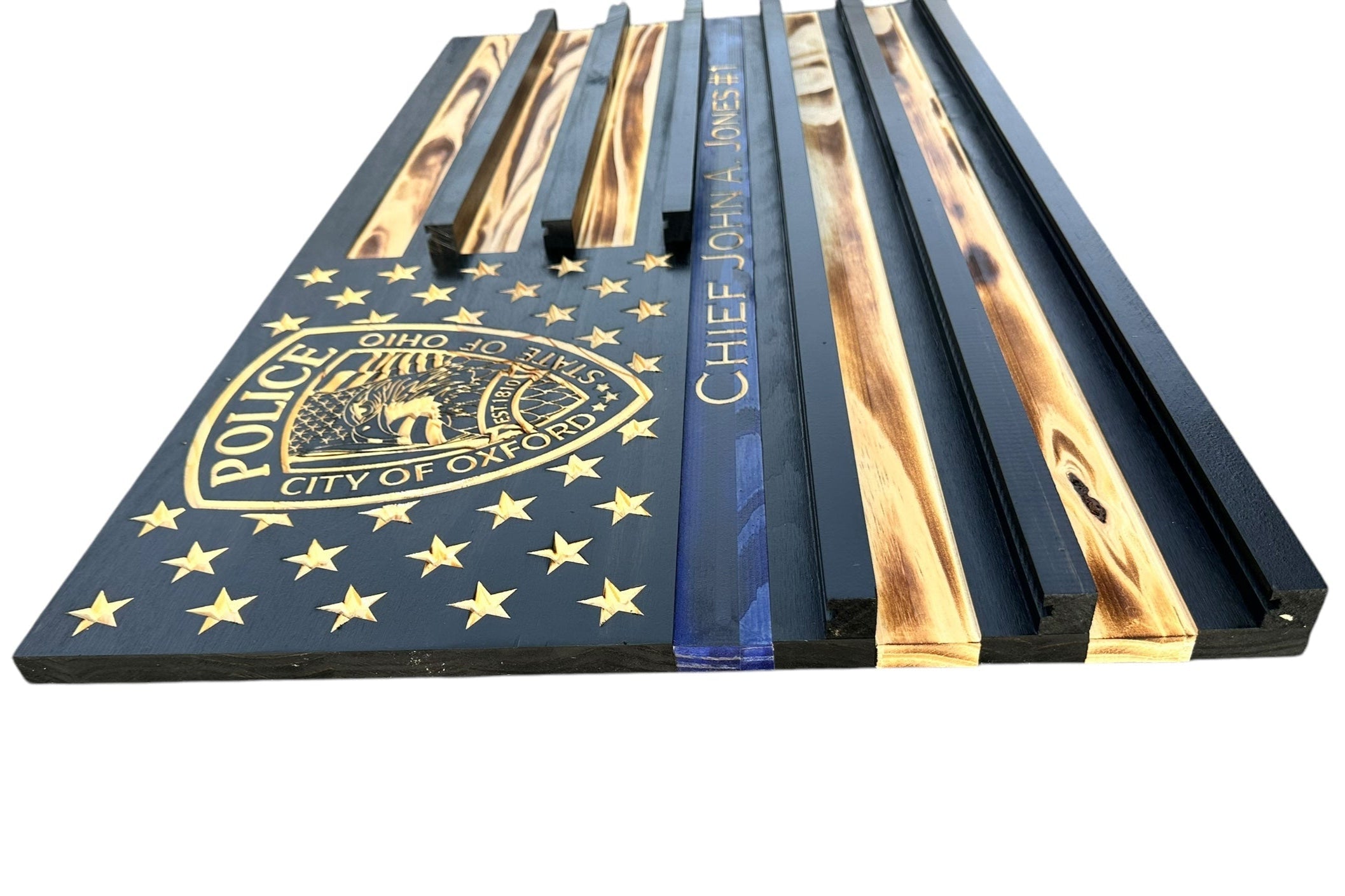 Custom Wooden Challenge Coin Display Flag with Engraved Badge