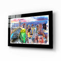 Budgie Pair Over Skyscraper Skyline Glass Wall Art